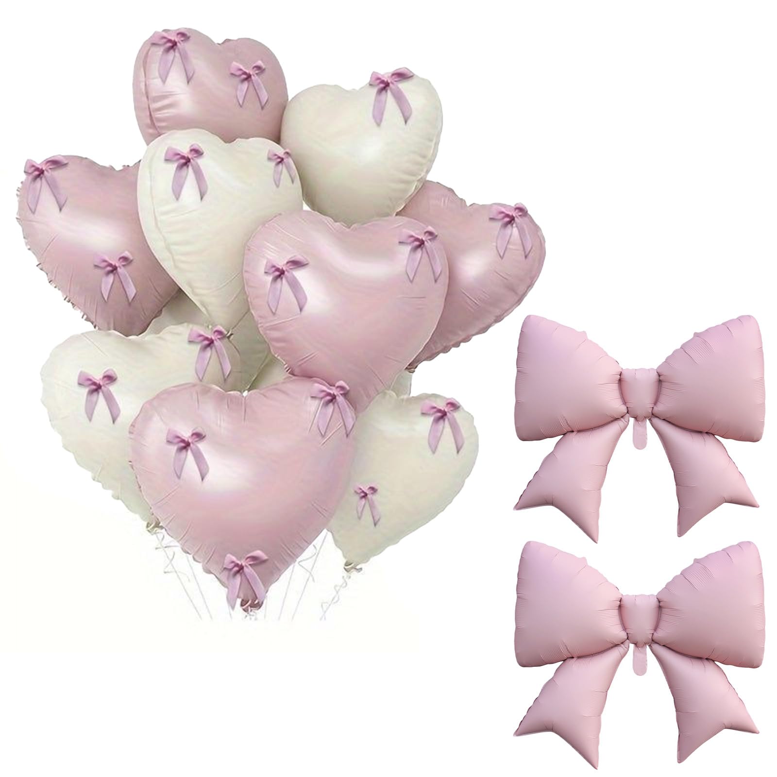 12Pcs Pink Balloons Set, 10 Heart Balloons with Bows & 2 Large Pink Bow Balloon, Foil Balloon for Coquette Theme Birthday Wedding Decor