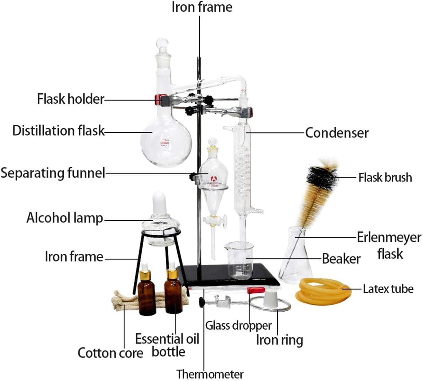 Labordestillationsset, 500 ml Destilliergerät für ätherische Öle, Destilliergerät für zu Hause, um Ihr eigenes ätherisches Öl herzustellen, Glaswaren-Kits, für Heimwerker, Extraktion von ätherischen Ö
