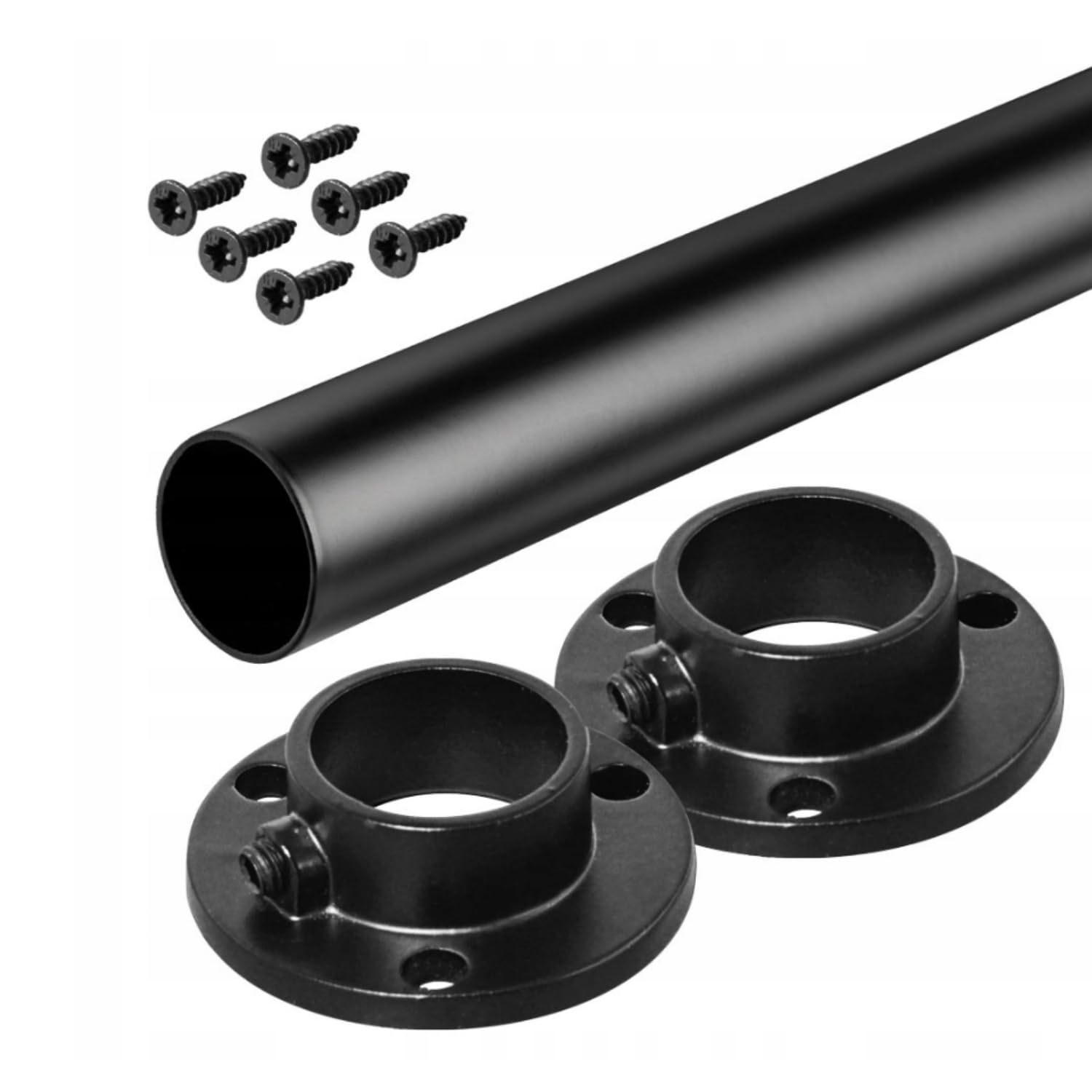 B2c Black Wardrobe Rail Round Hanging Set Tube 25Mm + End Bracket+ Screws Furniture Closet Clothes Hanger (1195Mm Rail + Brackets)