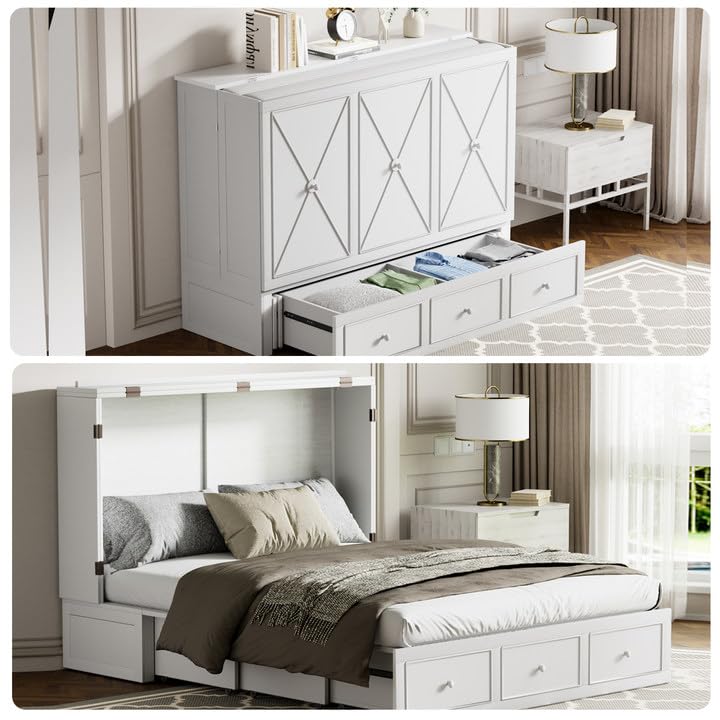 CECER Murphy Bed Chest Queen, Queen Size Storage Bed, Integrated USB Charging Hub，Murphy Cabinet with Drawer for Apartment-Off-White