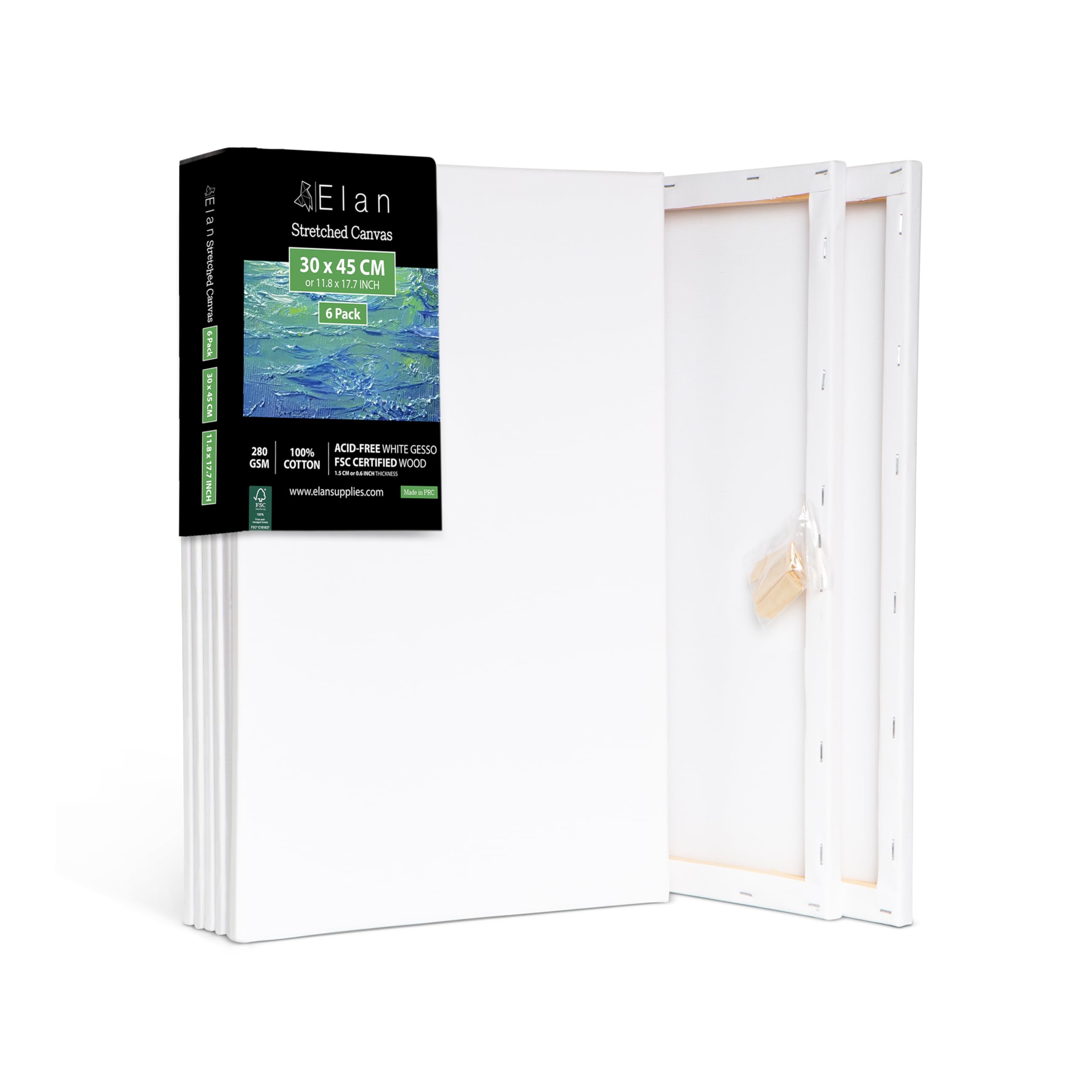Elan Stretched Canvases 30x45 CM, 6-Pack A3 Canvas for Painting 280 GSM, Triple Primed Stretched Canvas for Painting 30x45 CM, Art Canvases