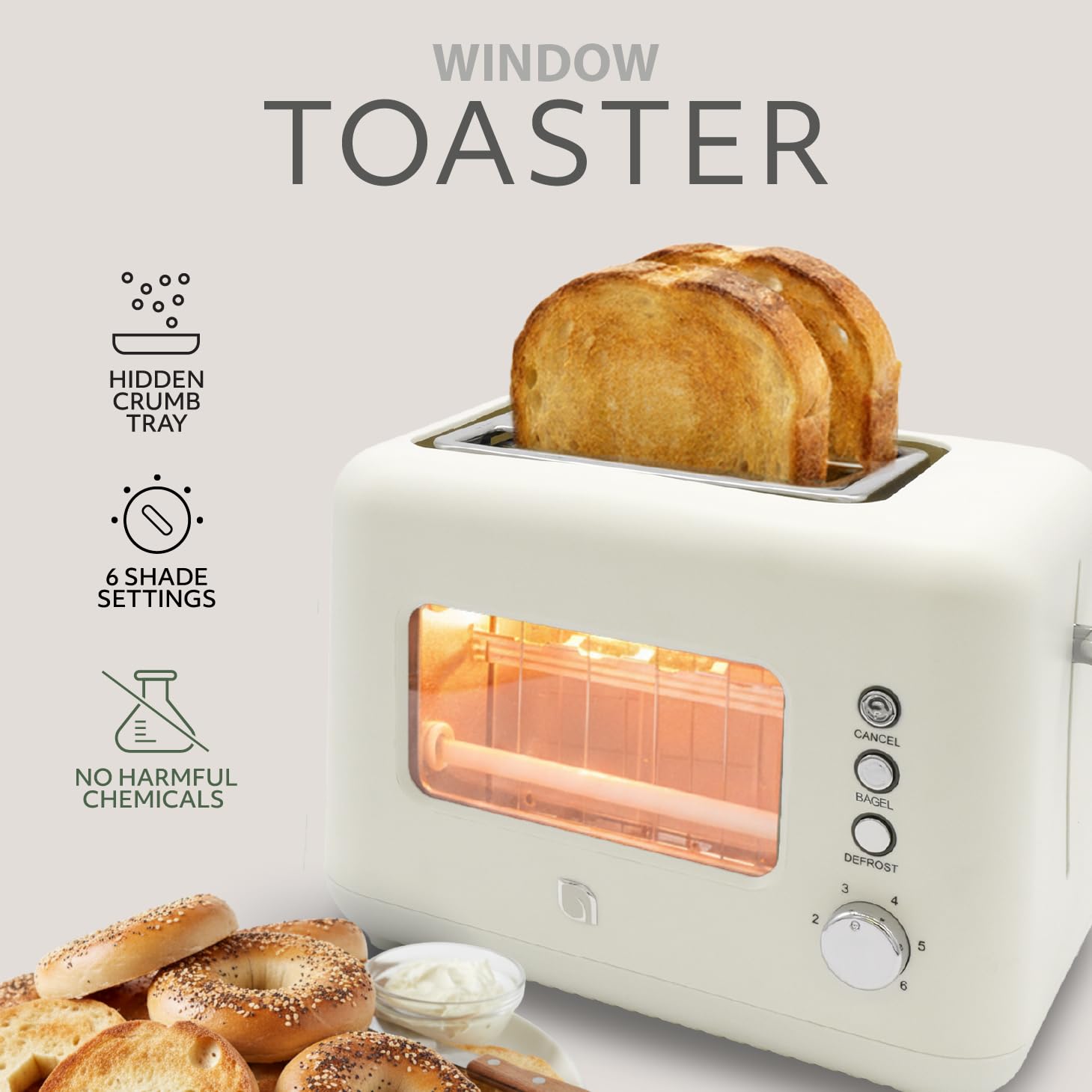 WILLOW - tostador de 2 rebanadas con ventana de visión clara, 6 ajustes de sombra, tostador retro de 900 W con ranuras extra anchas, botones de bagel, cancelación y descongelación, tostadoras de 2