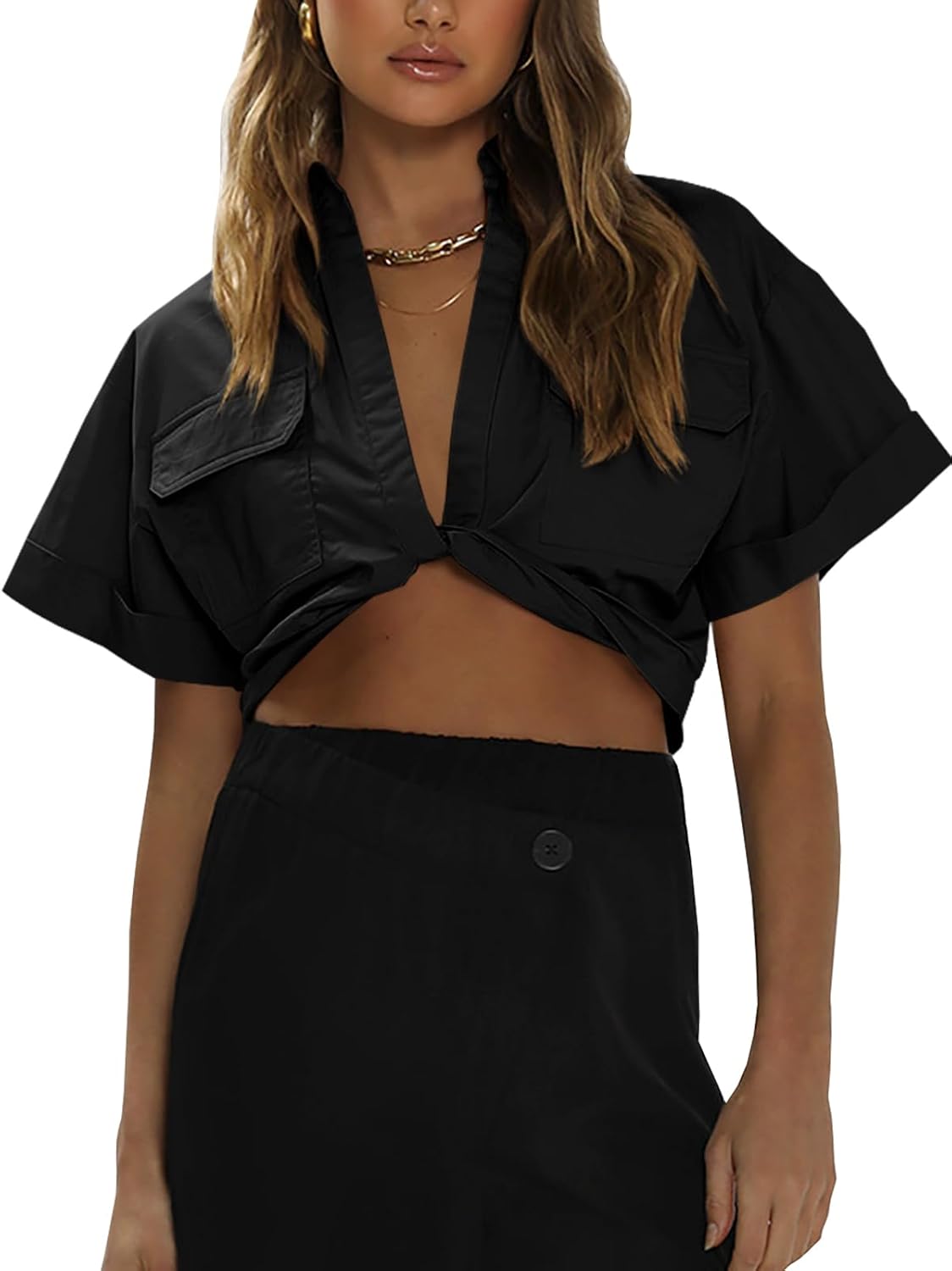 Imily Bela Womens Cropped Shirts Summer V Neck Twist Front Tops Blouses with Pockets