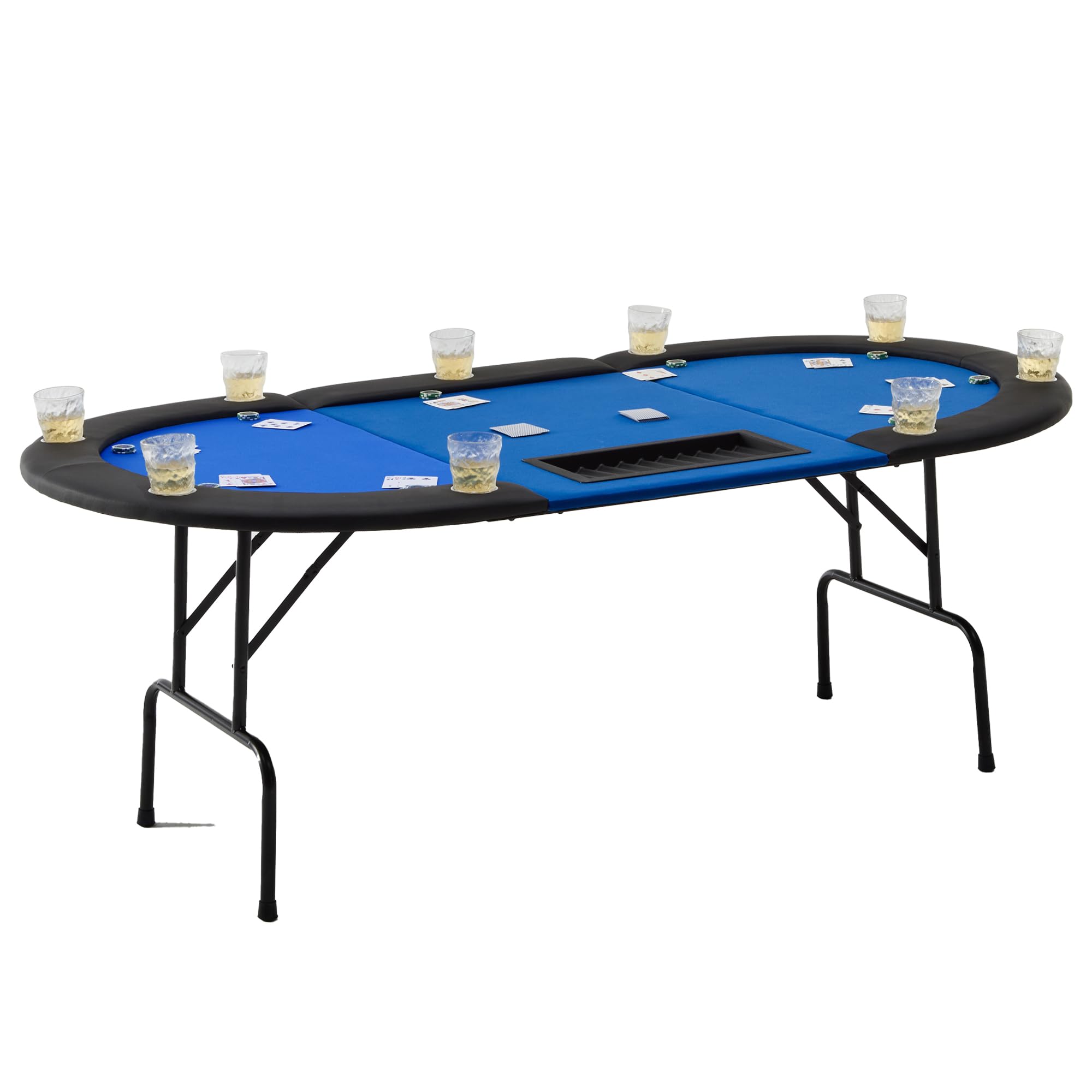 Mingone Oval Pokertisch Klappbar 208x106 cm mit Getränkehalter aus Edelstahl, gepolsterte Armauflage blau