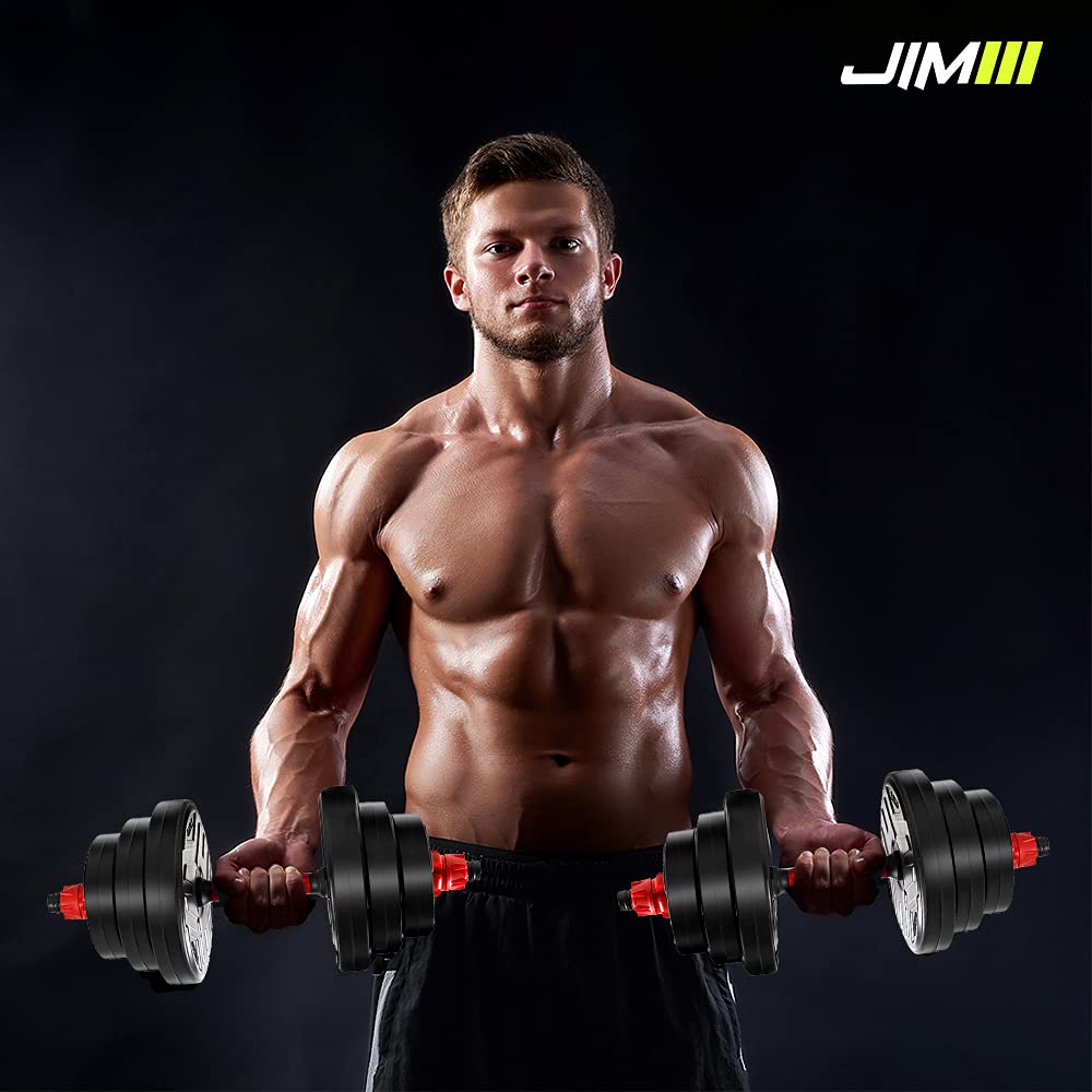JIM Fitness set 2 in 1 manubrio e bilanciere regolabili fino a 30 kg con copertura in gomma, nero e rosso