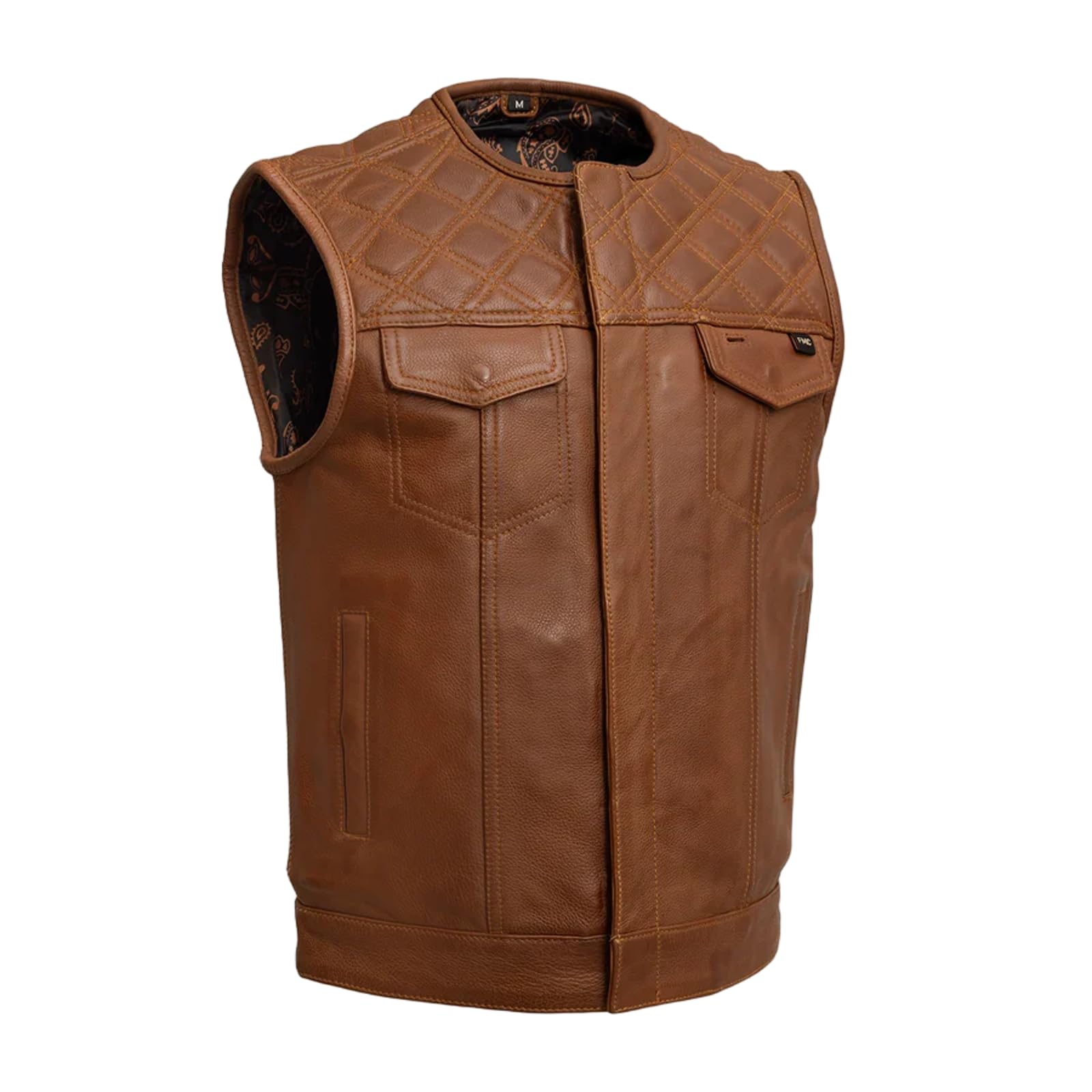 First Mfg Co Dust Devil Leather Motorcycle Vest for Men Club style Biker Armored Vest in Double diamond Stitching, Bandana Lining w/panels for patches Brown Size 2XL