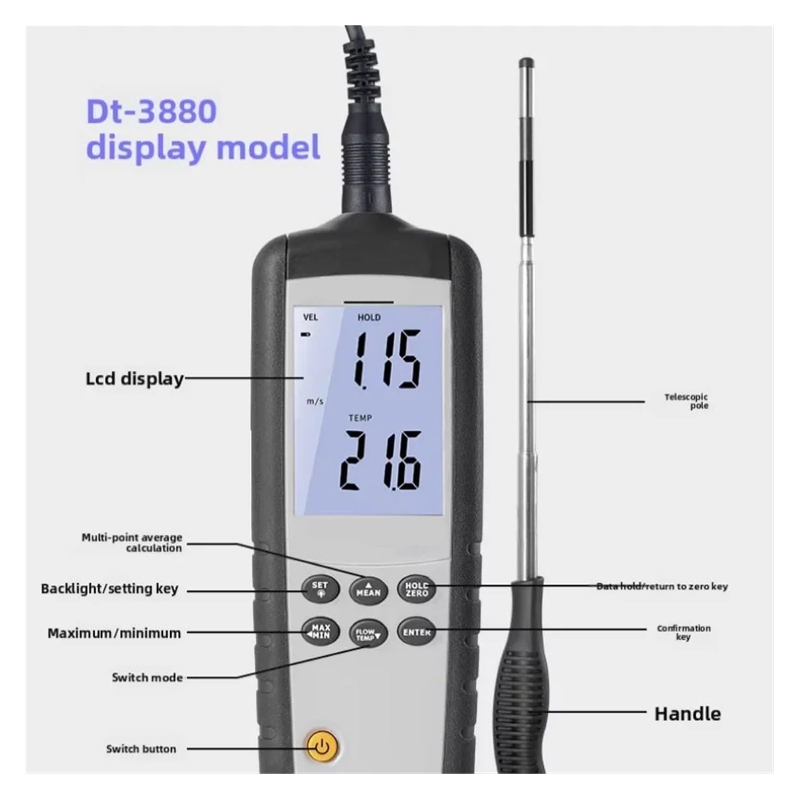 Anemómetro térmico de DT-3880, medición de velocidad del viento industrial portátil