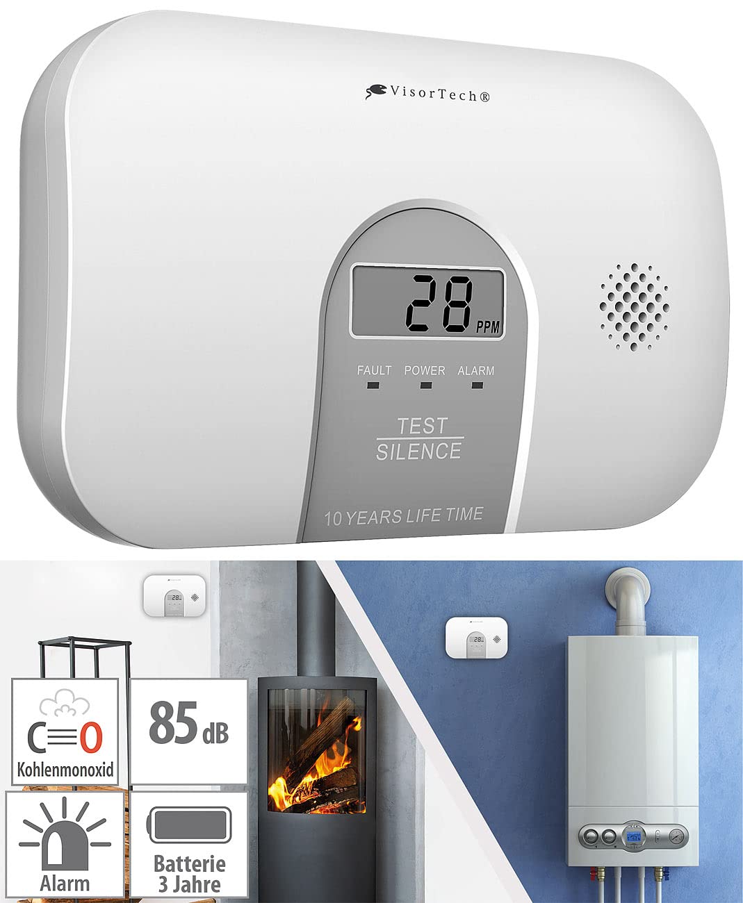 2 détecteurs de monoxyde de carbone COM-250 avec écran LCD DIN EN 50291-1 [VisorTech]