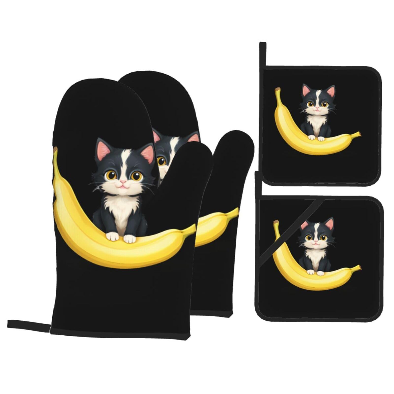 YYHWHJDE Kitten On Banana Printed Kitchen Baking Set of 4 Thick Insulated Oven Mitt & Pot Holders, Anti-Scalding for Microwave, Oven, Outdoor BBQ