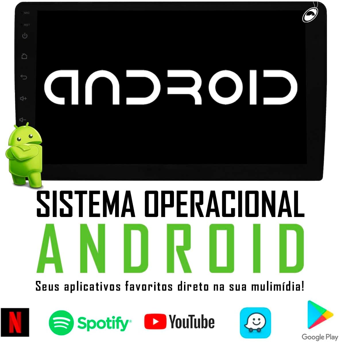 H-TECH multimedia system displaying the Android operating system interface with popular app icons like Netflix, Spotify, YouTube, and Google Play Store.