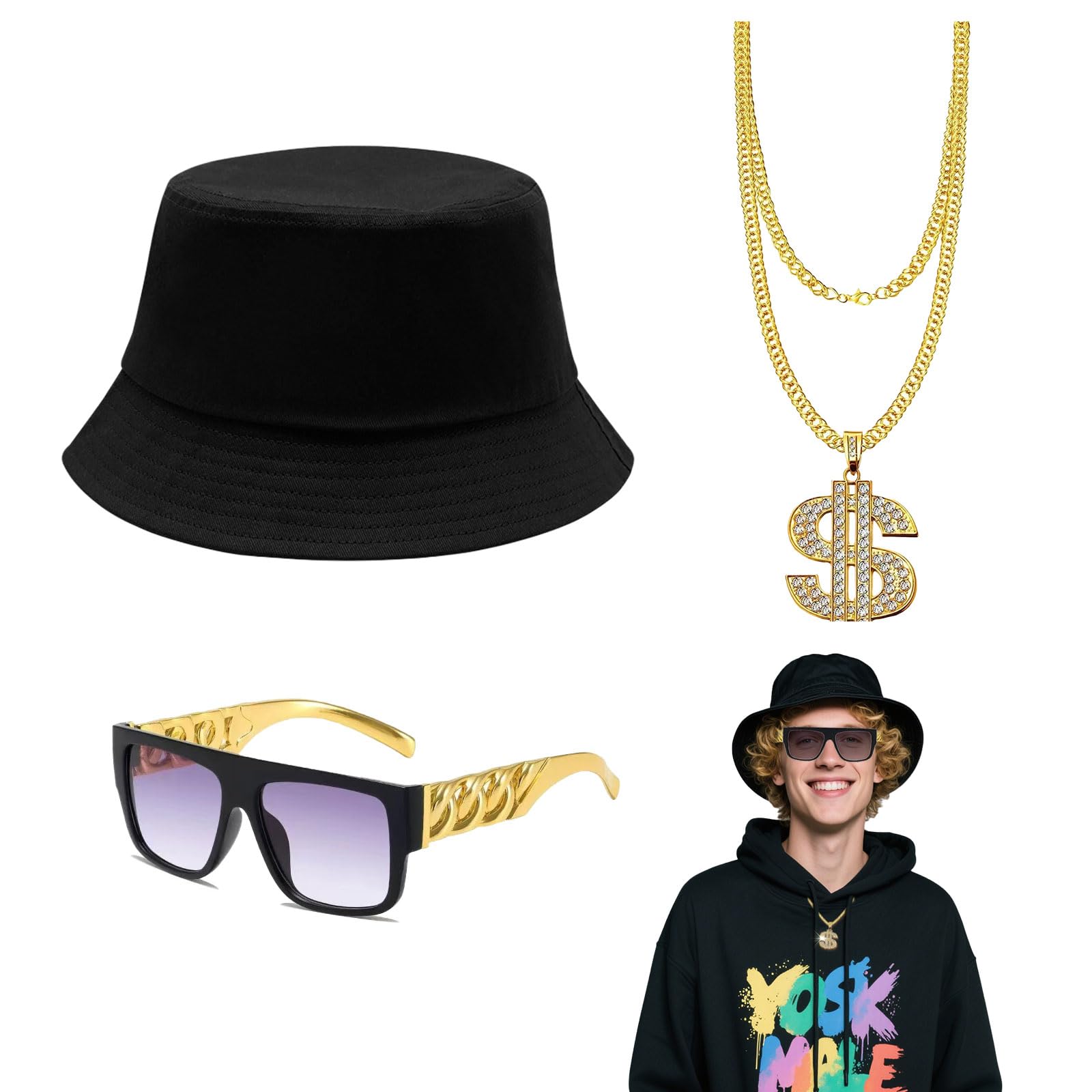 SAIIURV 3 Pcs Hippie Costume Set, 80s 90s Rapper Gangster Accessories Set Fancy  Dress with Hat