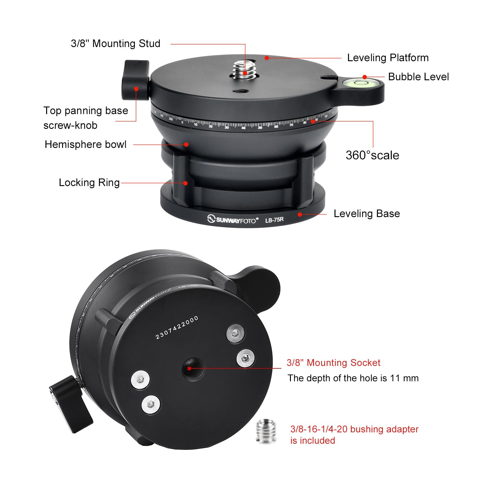 SUNWAYFOTO LB-75R 360 - Cabezal de trípode con Base de nivelación panorámica, Capacidad de Carga de 15 kg