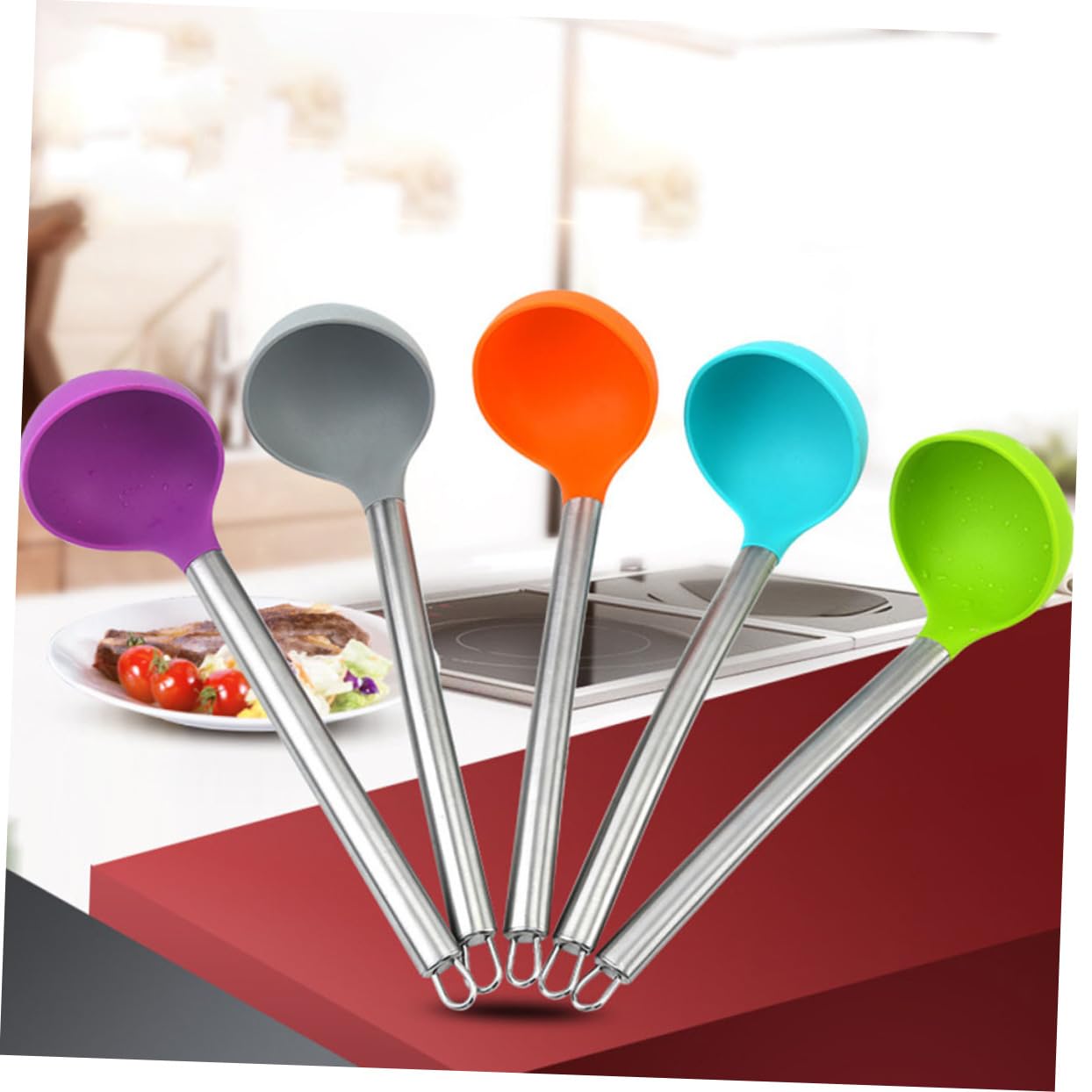 DECHOUS 2pcs Silicone Spoon Soup Scoop Long Soup Ladle Salad Dressing Spoon Kitchen Cooking Spoon Kitchen Serving Spoons Silicone Cooking Scoop Silicone Soup Spoon Non Stick