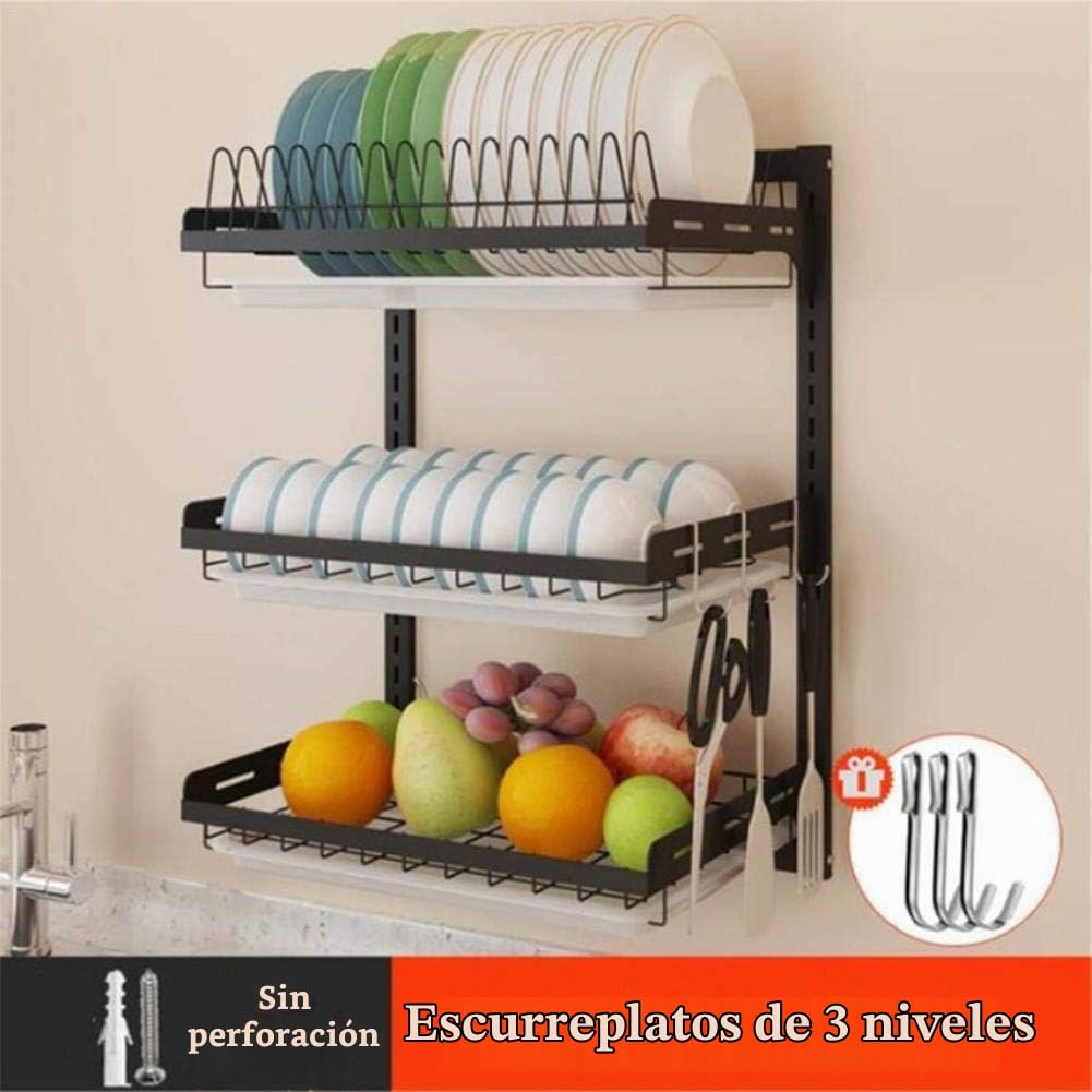 Escurreplatos 2/3 Estantes, Escurridor de Acero Inoxidable, Estante para Platos Escurridor de Cocina, Palillos, Cuchillos, Soporte para Tabla de Cortar, Estante de Pared Caja de Almacenamiento | Estante para Platos Escurridor de Cocina, Palillos, Cuchillo