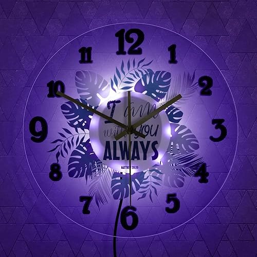 Miniatura 4 de The Geeky Days Reloj de pared silencioso con texto en inglés "I Am with You Always Bible Verse Green Leaves Silent Wall Clock con luz LED que cambia
