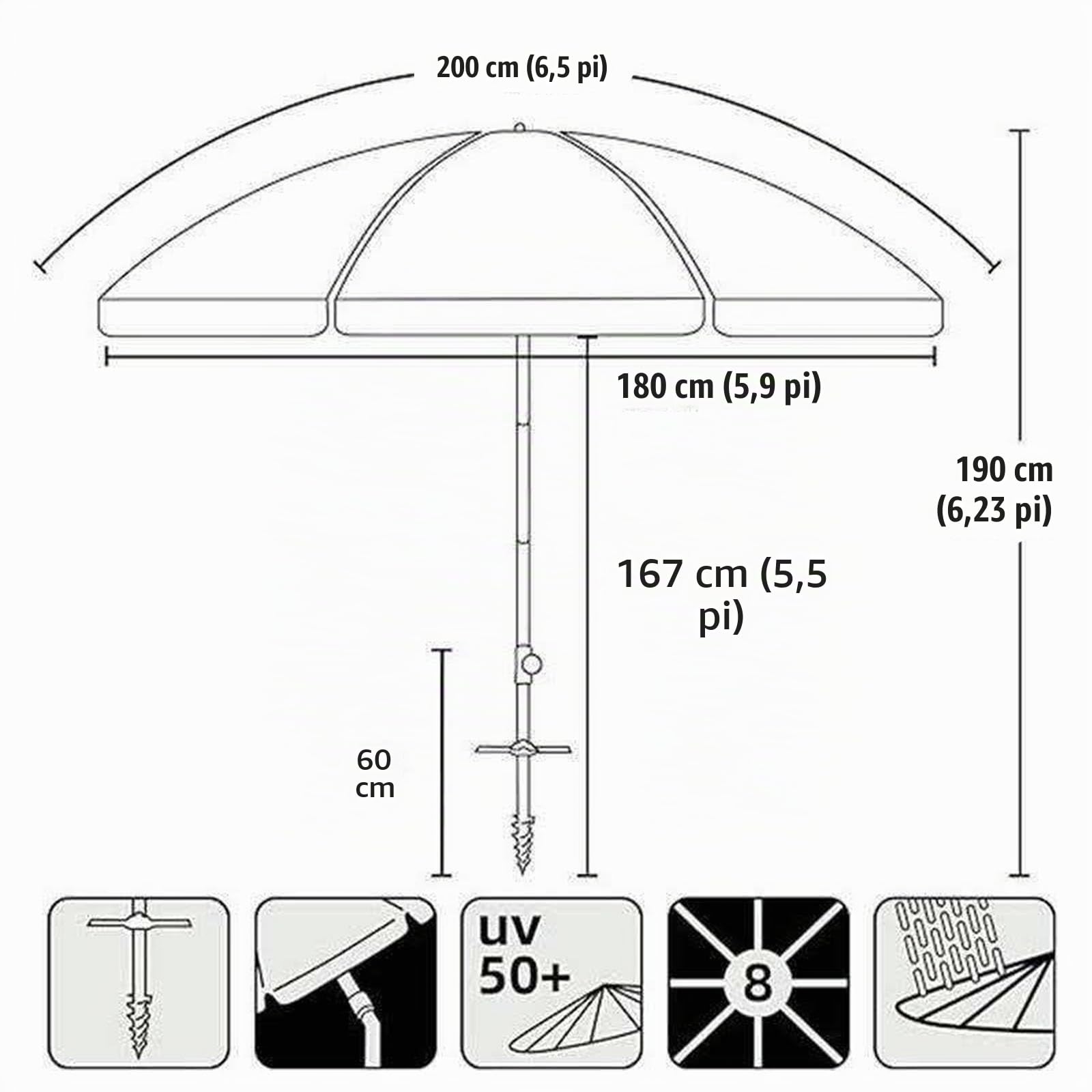 Parasol De Plage Portable 2m Avec Ancre À Sable, Protection Solaire UPF 50+, Parasol Pliable Télescopique 3 Sections, Inclinaison Réglable Pour Voyage, Camping, Terrasse, Jardin, Piscine(Light blue)