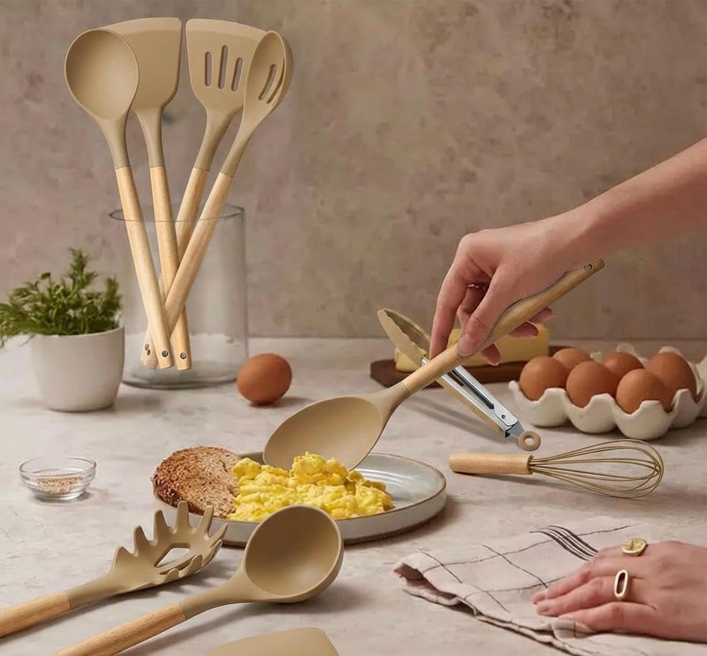 AHASON'S Set di utensili da cucina in silicone resistenti al calore 230°C-230°C, pinze per tornitore, cucchiaio, spatola, pennello, frusta con supporto, utensili da cucina, set di strumenti per