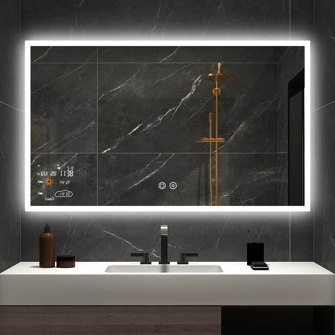 Evokor 40 x 24 Inch Led Smart Bathroom Mirror with Lights, Anti Fog Lighted Vanity Mirror with Weather Time Wall Mounted, White/Warm/Natural Light Dimmable, CRI92, IP54 Waterproof (Horizontal)