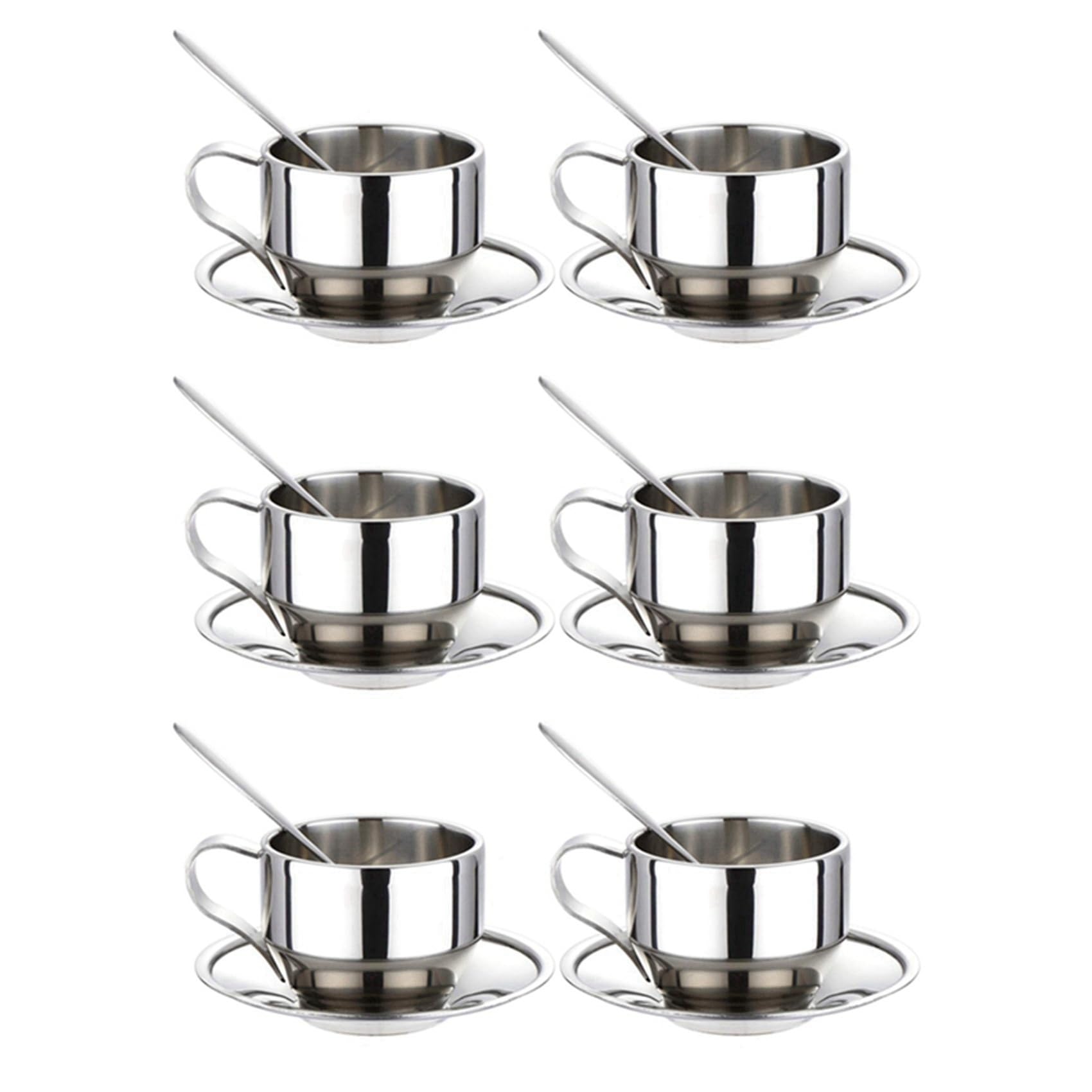 Juego de Tazas de Café con Aislamiento - Tazas de Café Espresso de Doble Pared de Acero Inoxidable de Té de Capuchino con Leche con Platillo Y Cuchara 125 Ml (Juego de 6)