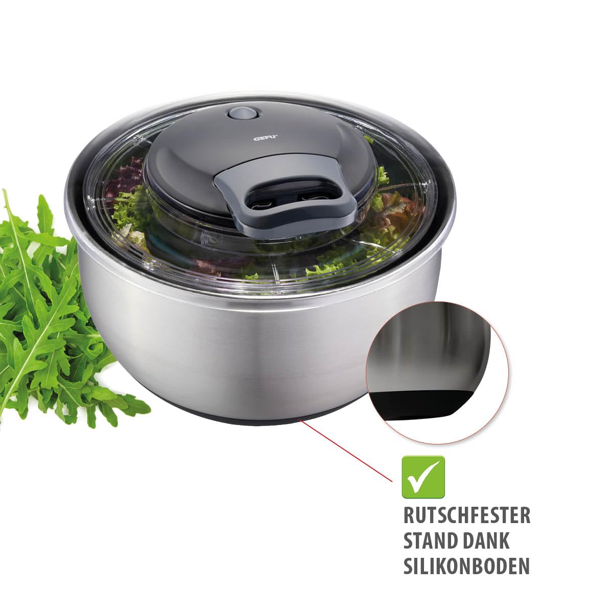 GEFU Salatschleuder PULLIT mit Frischhaltedeckel, Edelstahlschüssel 4,5 l mit Seilzug, Stoppknopf und Silikonboden - spülmaschinengeeignet