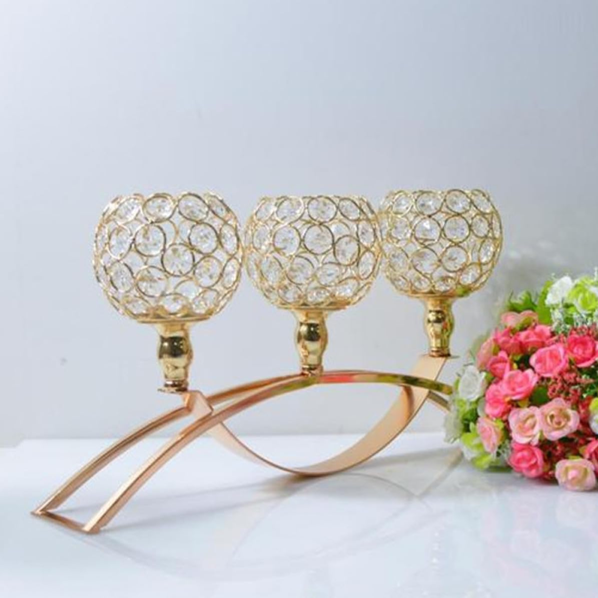 Candélabre de Table à 3 Bras en Métal et Cristal, Arche Décorative