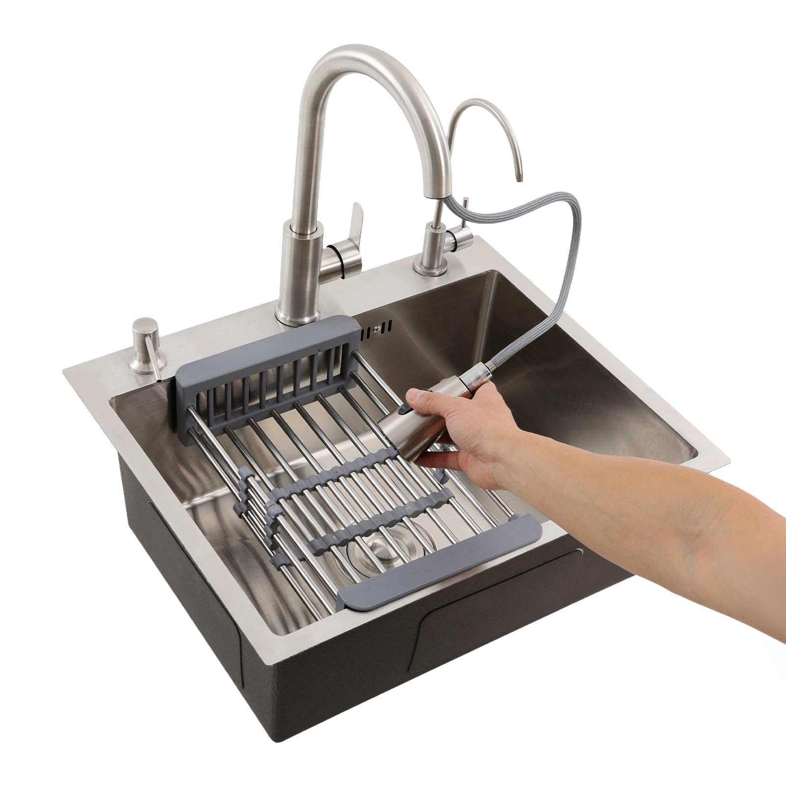 Fregadero Cocina Acero Inoxidable con Grifo Extraíble, Dispensador de Jabón y Escurridor, Fregaderos de un Seno, 55x45x20cm, Incrustado/A ras de la Encimera/Sobre la Encimera (Plata)