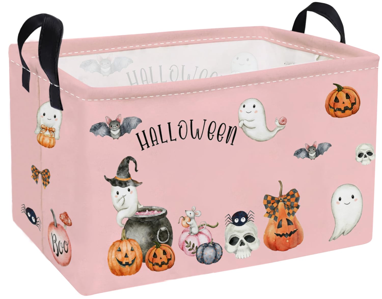 Essme Rectangular Halloween Baskets,Ghost Storage Box,Cute Basket for Kids Room Decor, Book Bins,Shelf Basket.（Pink Ghost