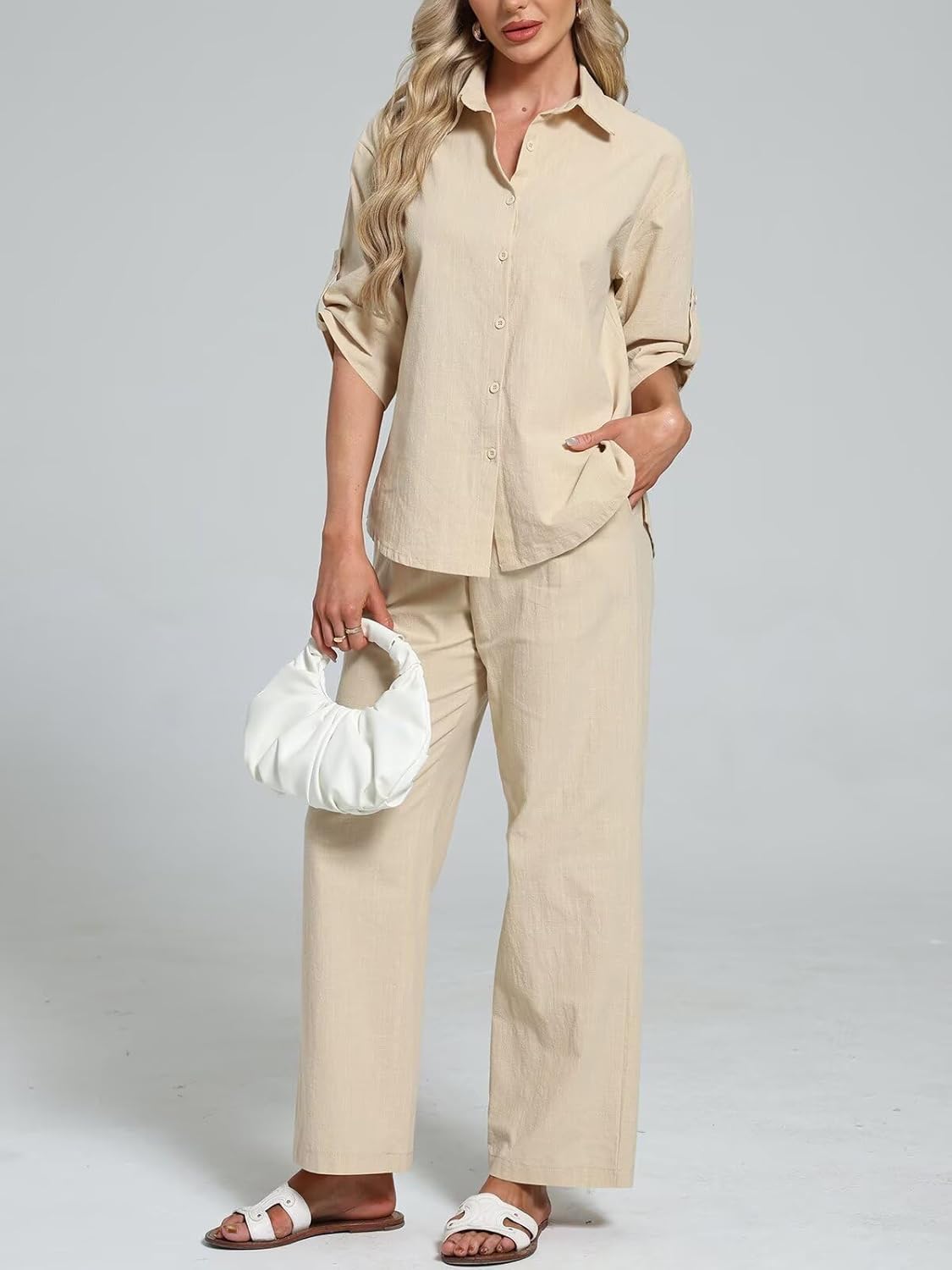 BWQ Womens linen 2 Piece Outfits Long Sleeve Button Down Shirt Wide Leg Pants Lounge Set S-2xl - Image 2