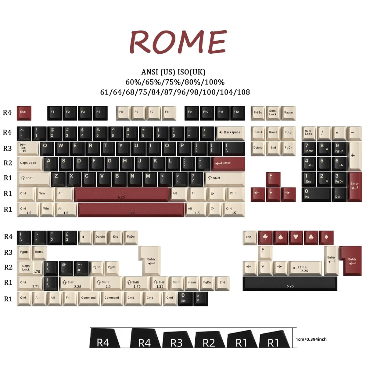 Lot de 163 Touches Cherry Profil,pour 64/68/75/84/98/104/108 Cherry MX Switche ANSI Clavier Mécanique