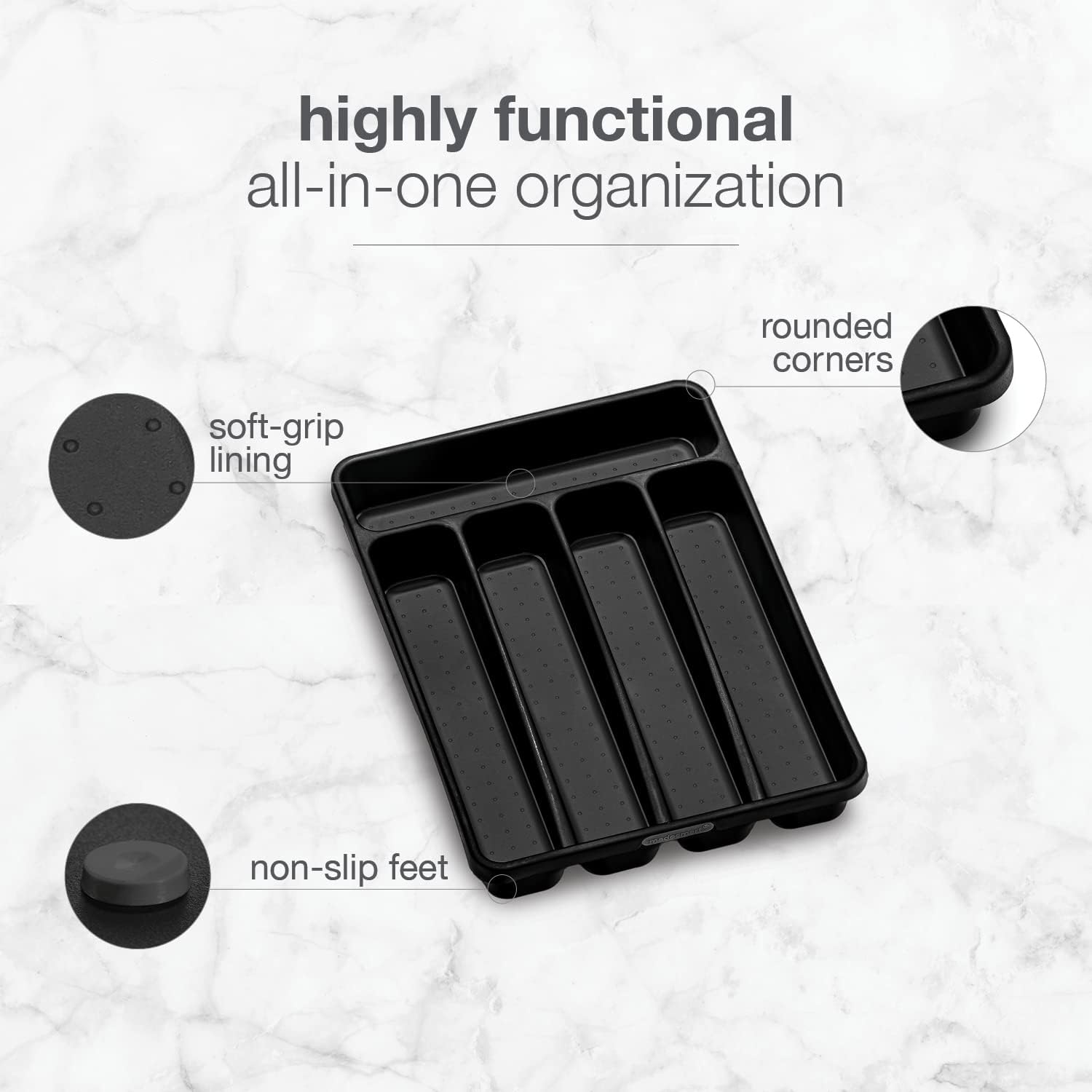 Madesmart Premium Antimicrobial Classic Mini Silverware Tray, Soft Grip, Non-Slip Kitchen Drawer Organizer, 5 Compartments, Multi-Purpose Home
