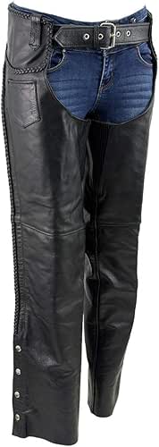 Xelement B7556 Women's Black 'Braided' Zippered Motorcycle Leather Chaps -