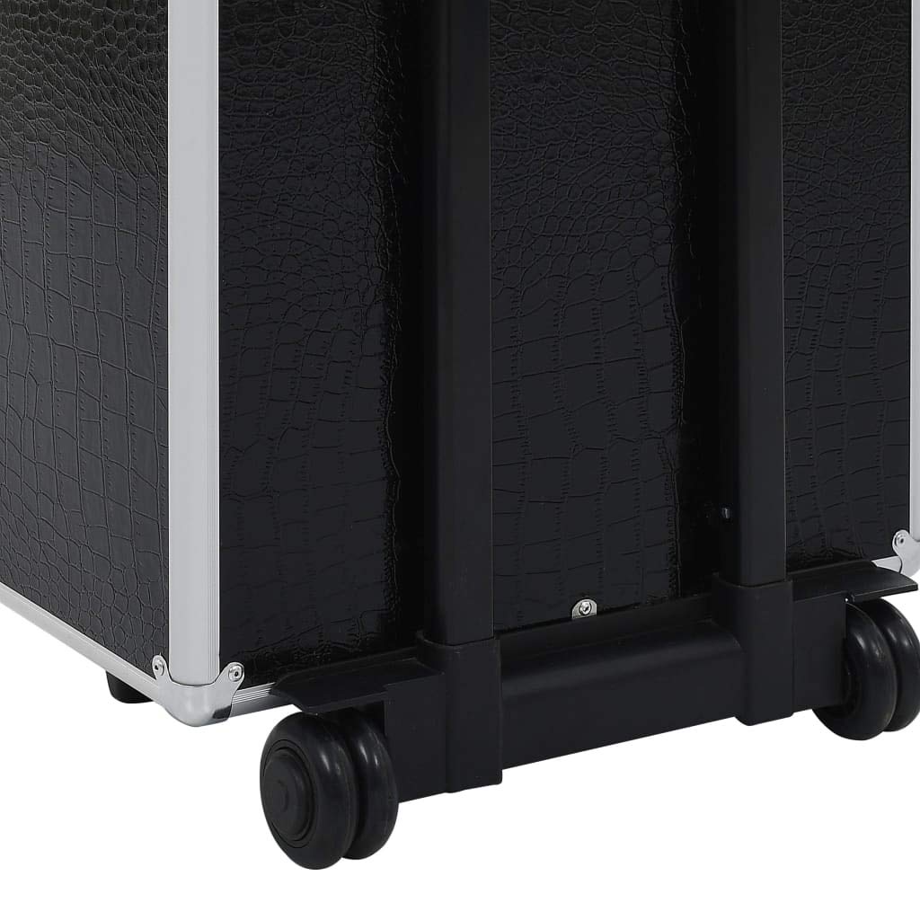 Walizka na kosmetyki aluminiowa, czarna, z tłoczeniem krokodyla, 4 półki, wysuwane półki, 4 zdejmowane kółka, 37 x 22 x 78 cm, organizer na podróż, do hotelu, na kemping i do łazienki