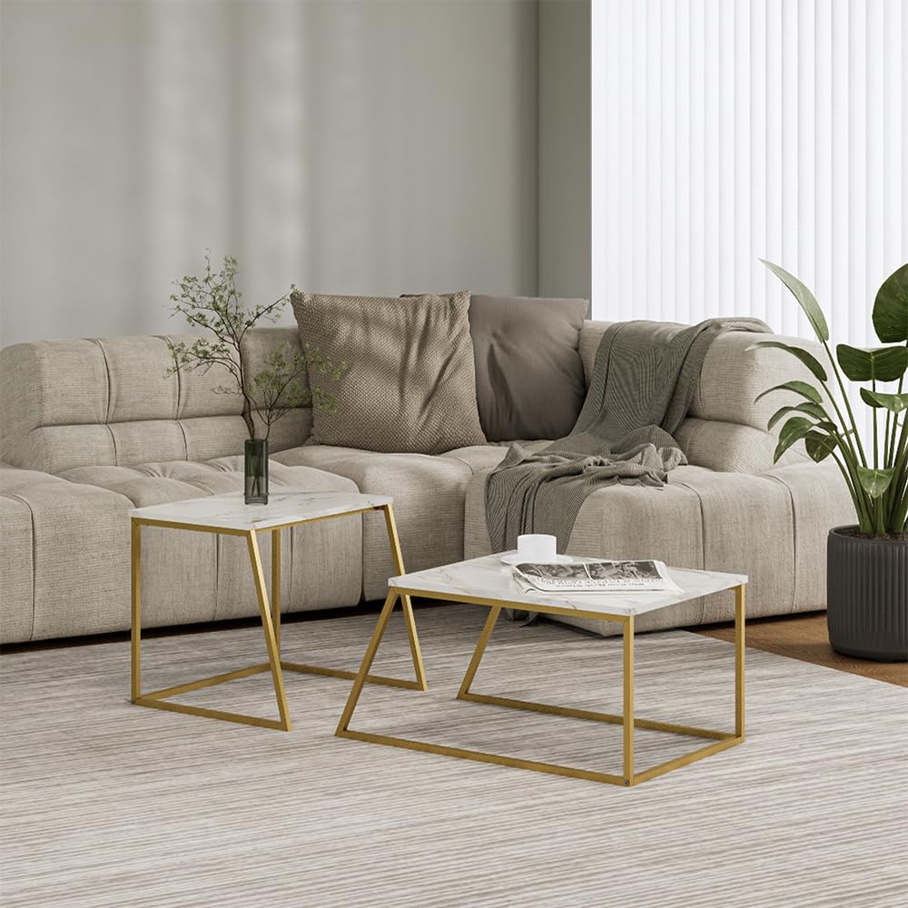 Vicco Couchtisch-Set Myra, Marmor-Weiß/Gold, 60 x 50 cm 2 Teile, zur flexiblen Nutzung als Beistell- oder Ablagetisch