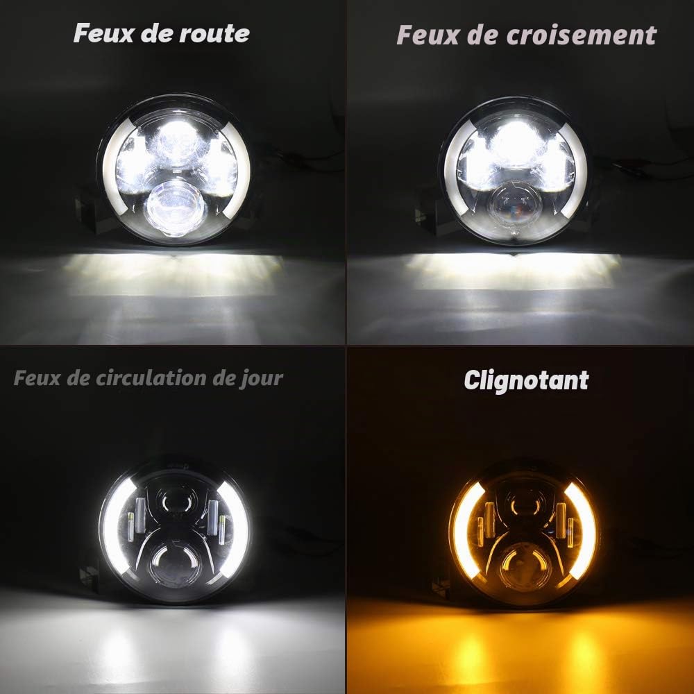argenté phare rond LED 7 pouces blanc jaune Daymaker clignotant | projecteur anneau halo yeux pour Defender 90 110 RHD phare 5000lm 3000lm 10-30V J/eep CJ-7 2PCS