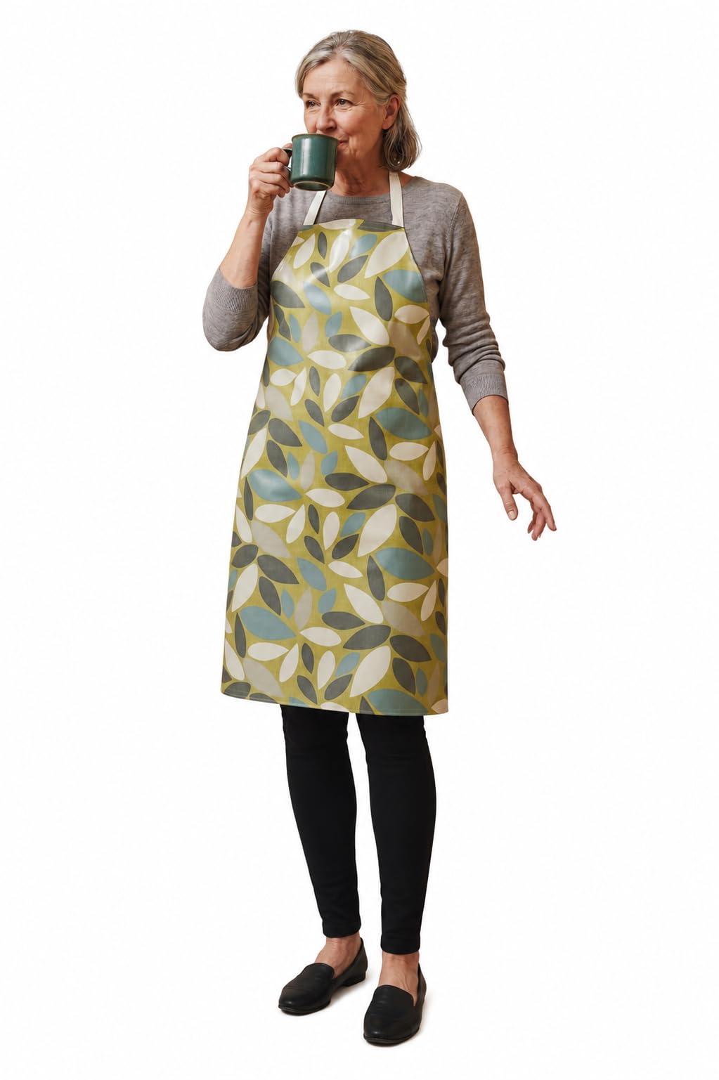 Jolee... Fabrics Wipe Clean PVC Coated Aprons - 100% Cotton Oilcloth - One Size - Easy to Clean and Splash Proof Apron (Sage Green Leafy, Adult (75cm Length))