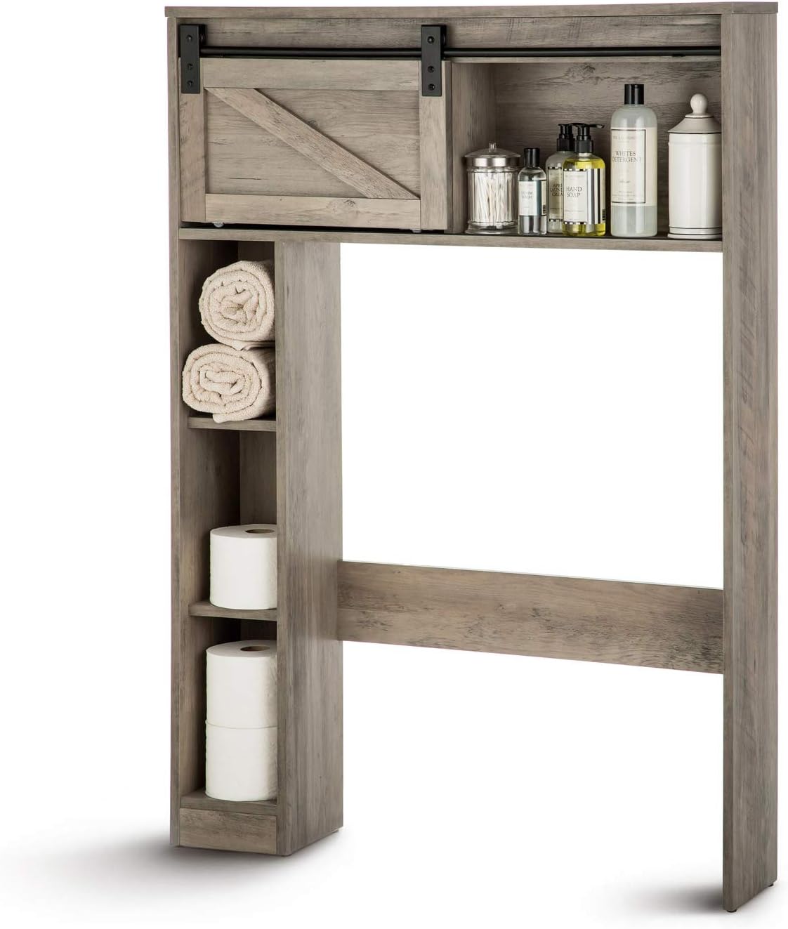 Landia Home Over The Toilet Storage Shelving - Bathroom Shelf and Cabinet with Sliding Barn Door Rustic Oak