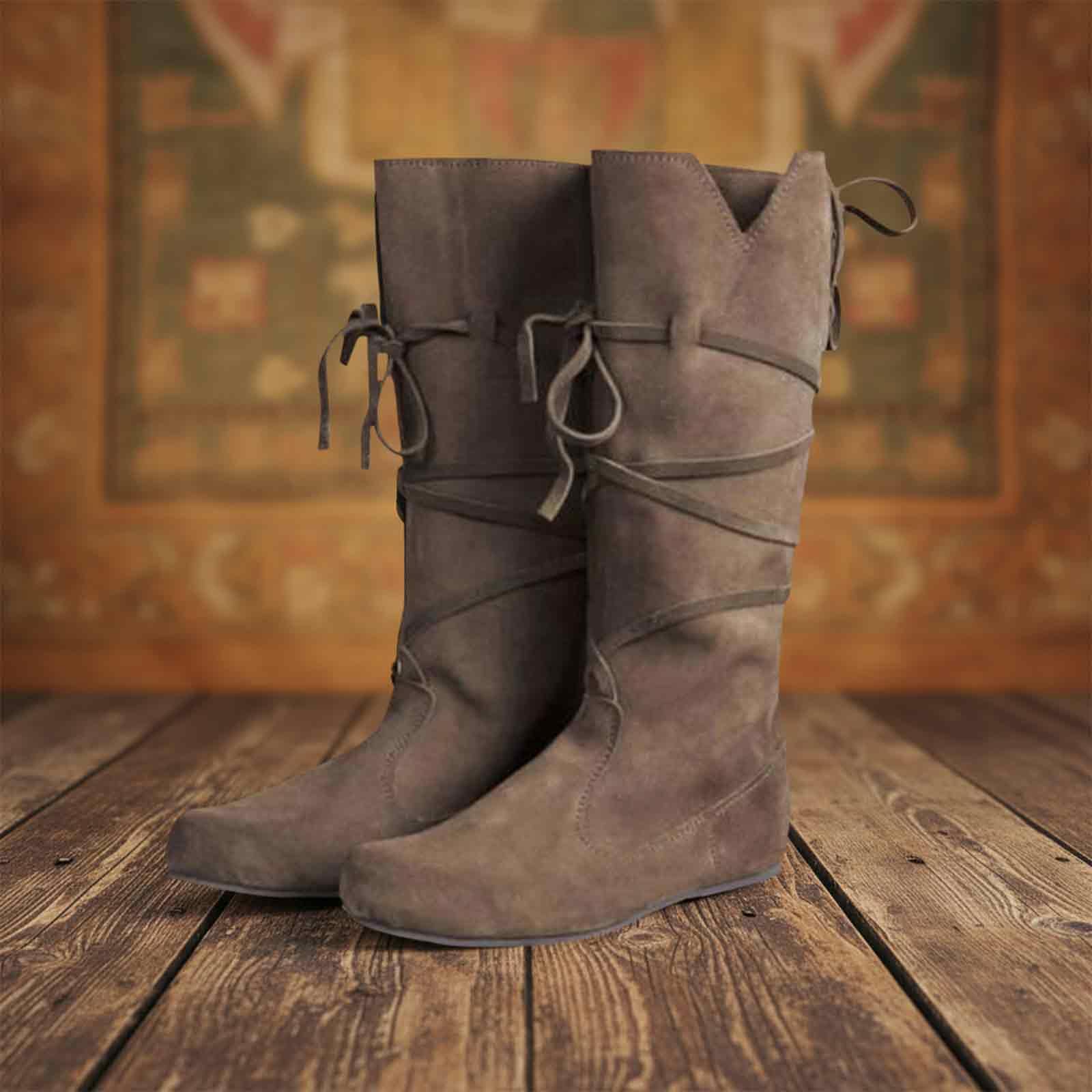 Botines medievales de ante para hombre y mujer, hasta la rodilla, planas