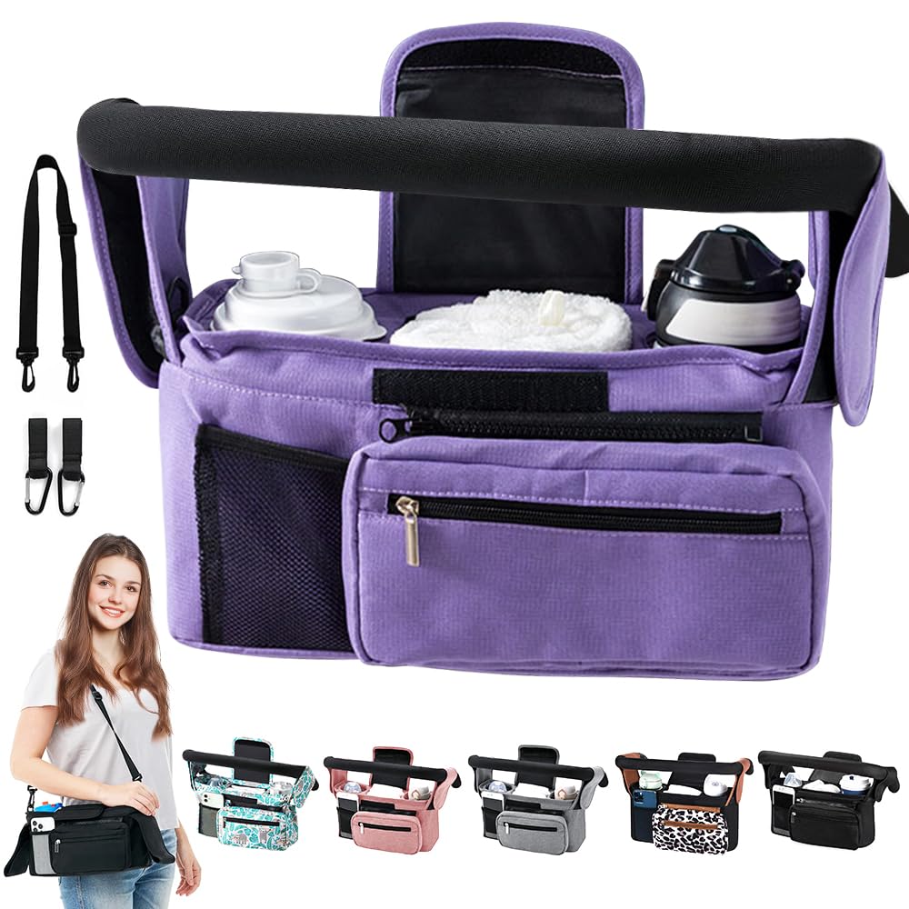 HINATAA Buggy Kinderwagen Organizer, Baby Kinderwagen Tasche mit 2 Getränkehalter, Buggy Organizer Kinderkarre mit Schultergurt & 2xSecure Hooks, Kinderwagen Zubehör mit Reißverschlusstasche (Violett)