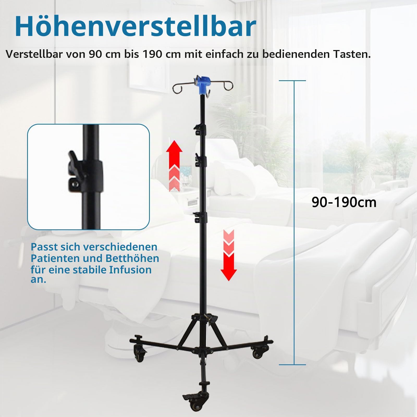 Infusionsständer mit Rollen, Faltbar & Mobil, Höhenverstellbar 90–190 cm, 4 Haken 180° Drehbar, Mit 3 Netz-Taschen, Tragetasche & Bremsrollen – Tragbarer Infusionshalter