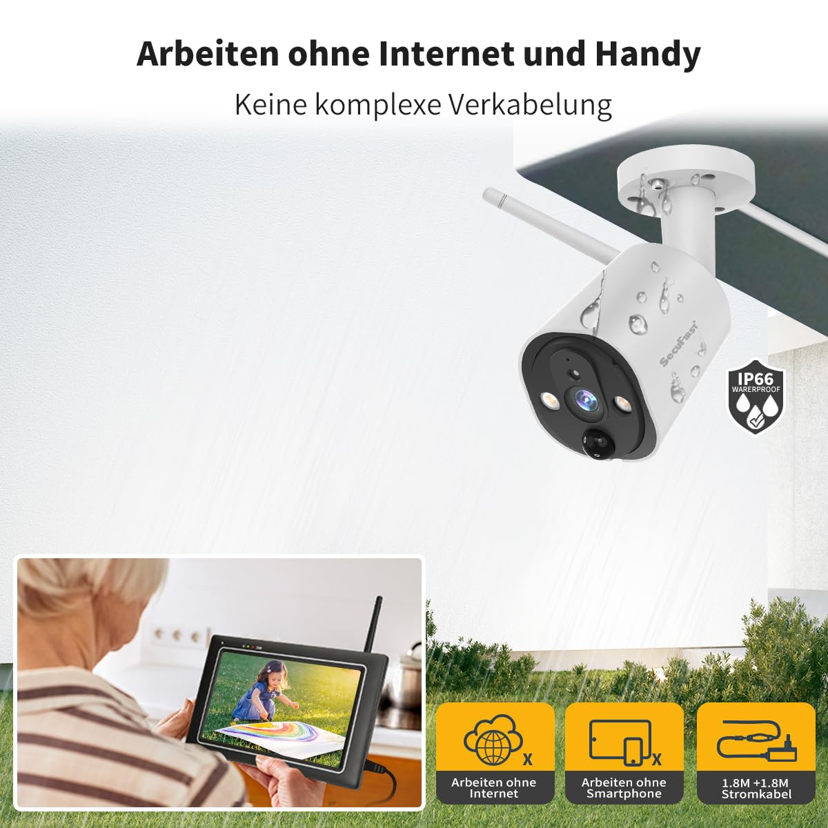 SecuFirst Überwachungskamera Aussen Kit mit Monitor,7" Touchscreen | Arbeiten ohne WLAN,Babyphone,2K Kamera Überwachung Outdoor, Innen Bildschirm, 2TB Erweiterbarer Speicher,32GB Lokal Speicher