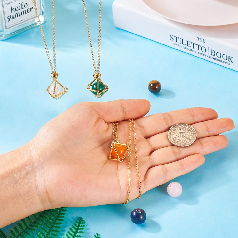 FASHEWELRY 3pcs Adjustable Stone Holder Necklace 19.49 Inch 304 Stainless Steel Golden Crystal Empty Gemstone Cage Necklace Chain with 6pcs Round Stone Beads for DIY Jewelry Making - Image 4
