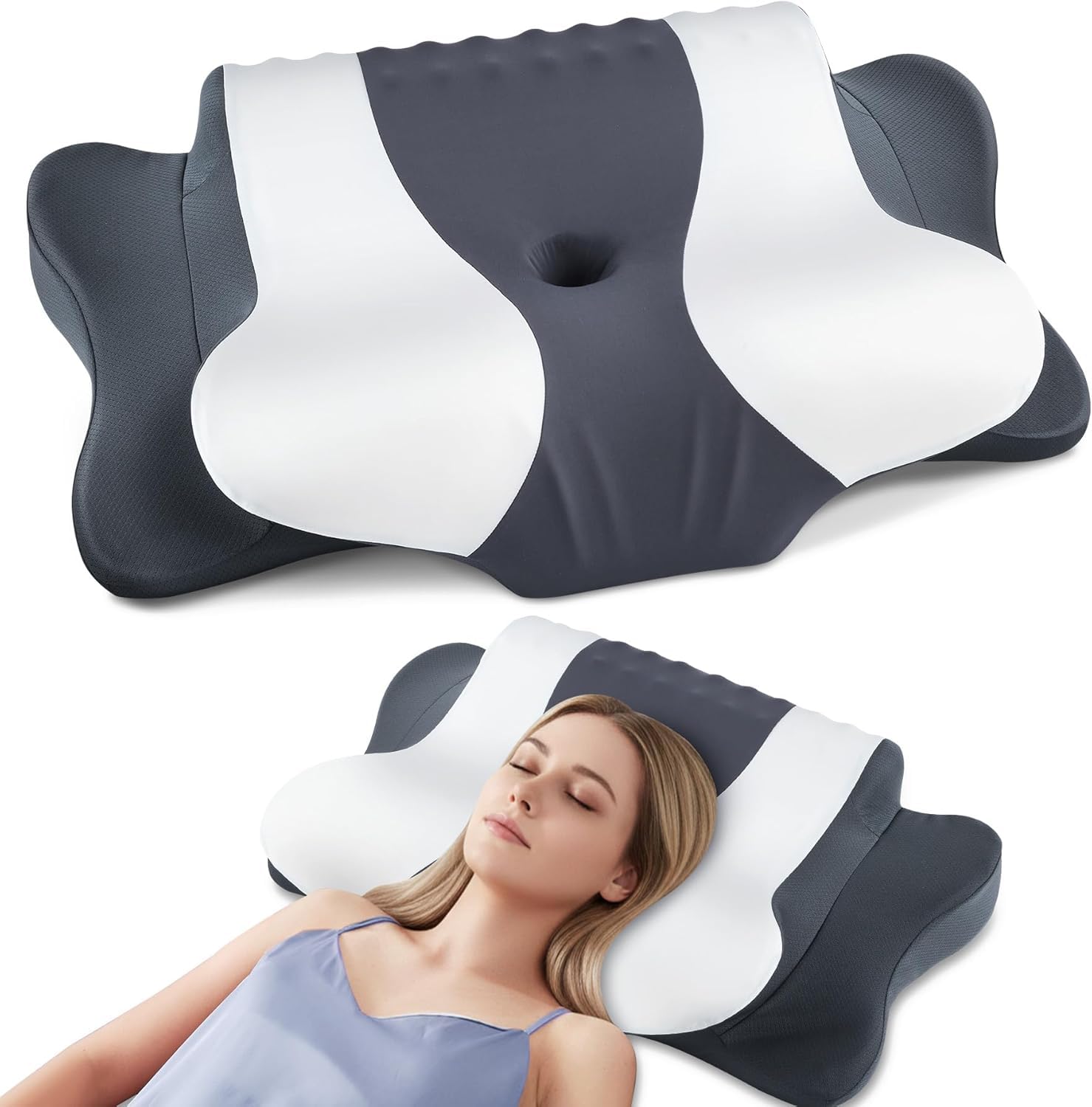 Cervical Neck Pillow for Pain Relief,Cervical Pillow with Memory Foam Ergonomic Pillows with Dual Heights for Back,Stomach and Side Sleepers Kids' Floor Pillows Cushions (Dark Grey, Standard 27"×16")