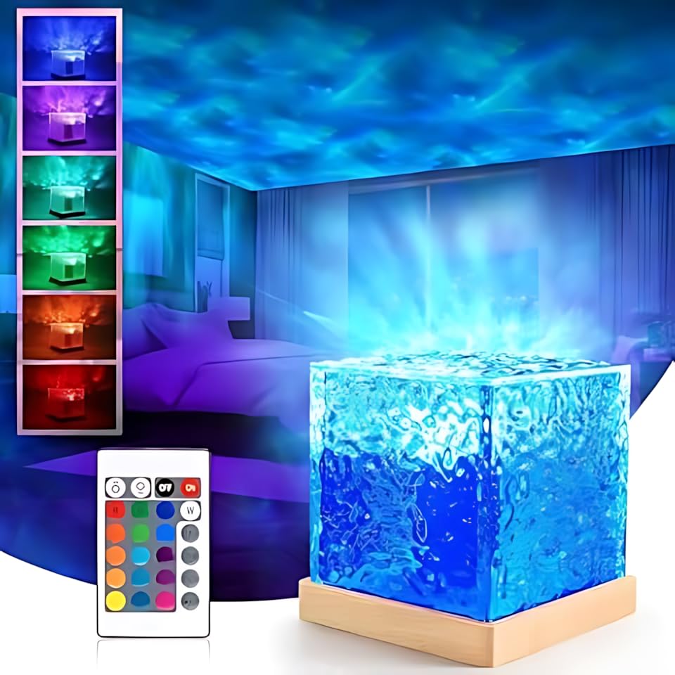 Image of Antorche Acrylic Romantic Ocean Wave Night Light Projector - 3D Water Wave LED Lamp with Remote Control for Bedroom Decor (Ocean Wave Projector)