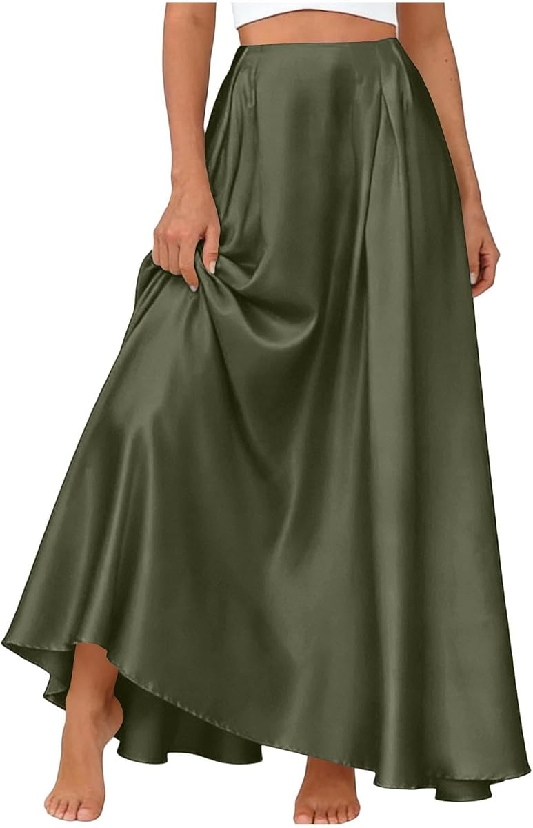Faldas maxi de seda satinada para mujer de cintura alta elástica larga línea A falda de verano suave casual faldas fluidas con bolsillos