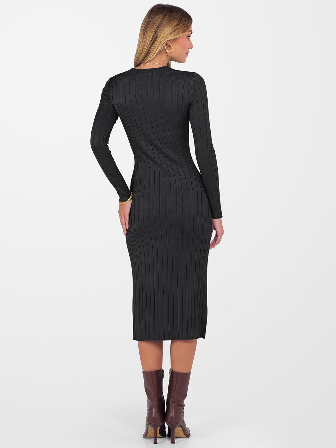 ANRABESS Womens 2025 Fall Long Sleeve Midi Dress Ribbed Knit Bodycon Fitted Button Down Wedding Guest Slit Sweater Dresses - Image 7