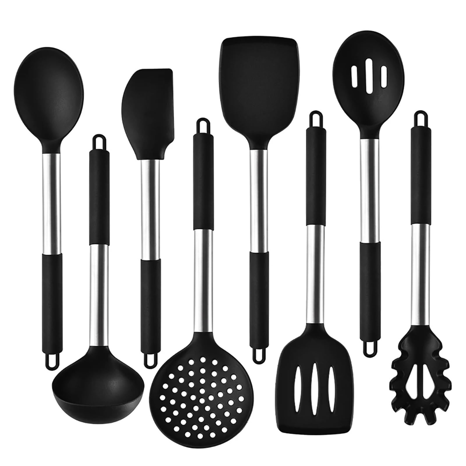 Silikon Küchenhelfer Set 2/4/6/8-teiliges Silikon-Küchengeschirr-Set, Edelstahl, Handschaufel, Suppenlöffel, Spaghetti-Klaue, Kochen(8pcs black)