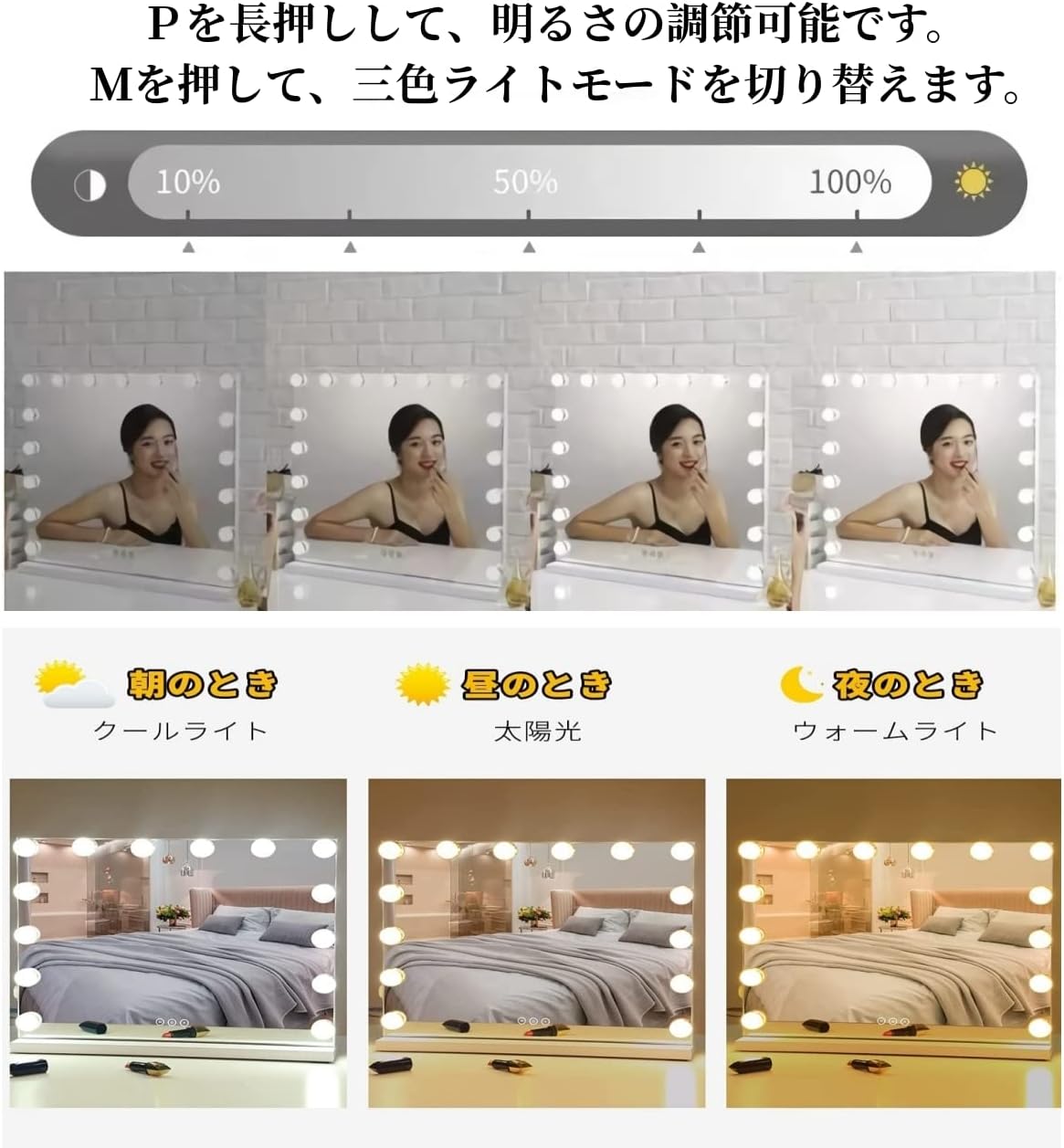 女優ミラー 14個/17個電球付き 化粧ミラー USB付き/USBなし 三色ライトモード 明るさ調節可能 ドレッサー 卓上鏡 ハリウ