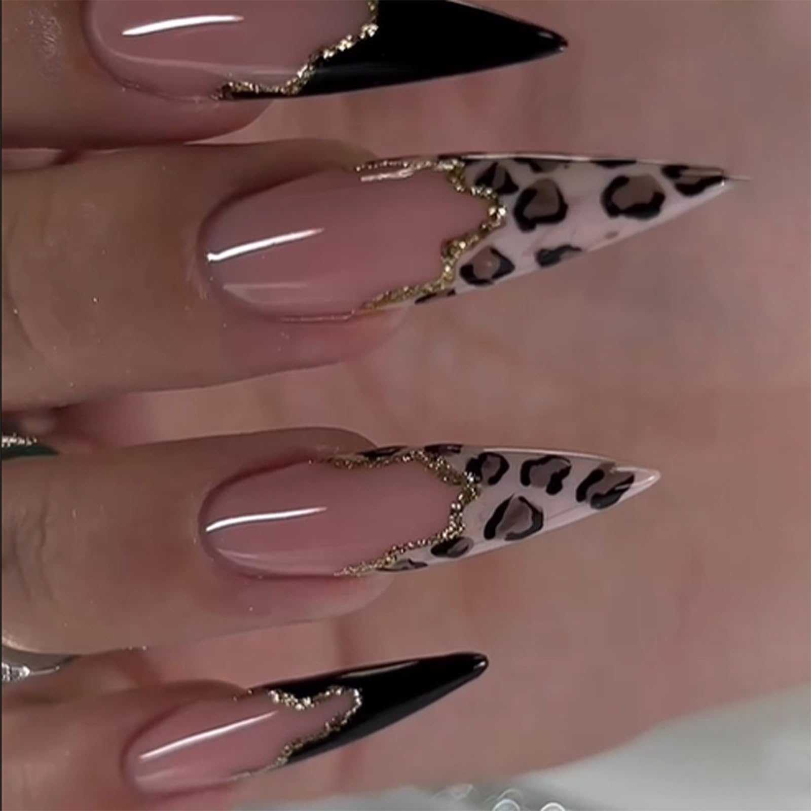 SINHOT Stiletto Press on Nails Long Fake Nails Glossy Glue on Nails Leopard Print Acrylic Nails Gold Glitter Almond Artificial Nails Black French Tip