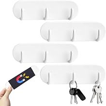Set of 4 Magnetic Key Holder No Drilling with 3 Hooks White | Magnetic Key Holder Key Hanger for Fridge Kitchen Laundry Room Living Room Office