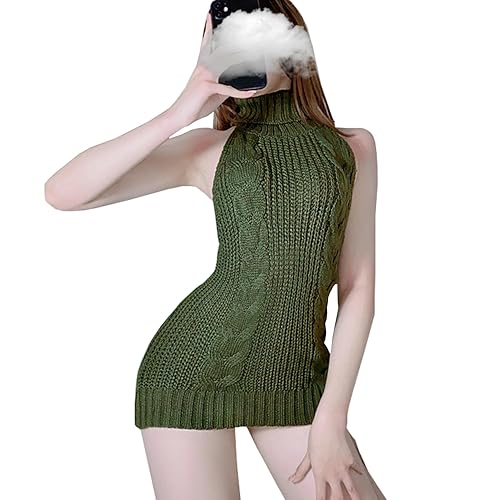 YOMORIO Anime Cosplay Virgin Killer Sweater Sexy Backless Turtleneck Pullover Sweater Dress for Women - One Size - Green